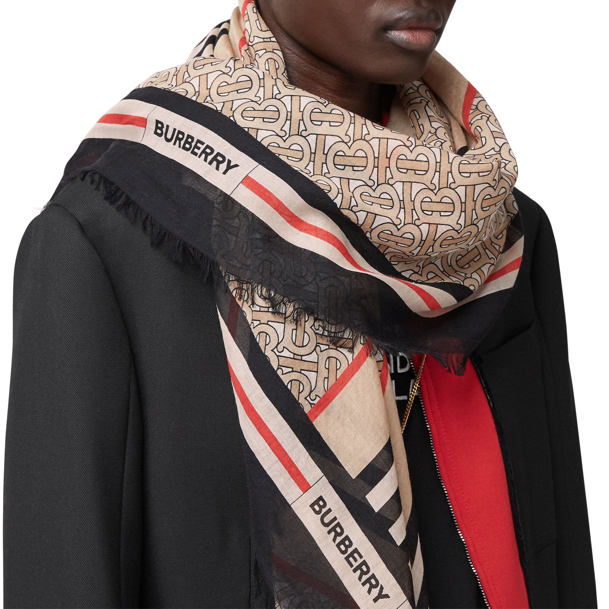 Grand carré en laine et soie Monogram avec rayures iconiques - Beige d'Archive
