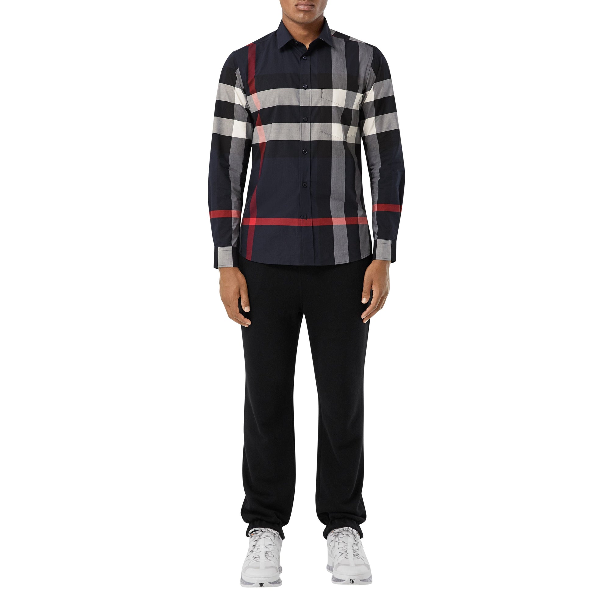 Chemise en popeline de coton stretch check - Marine