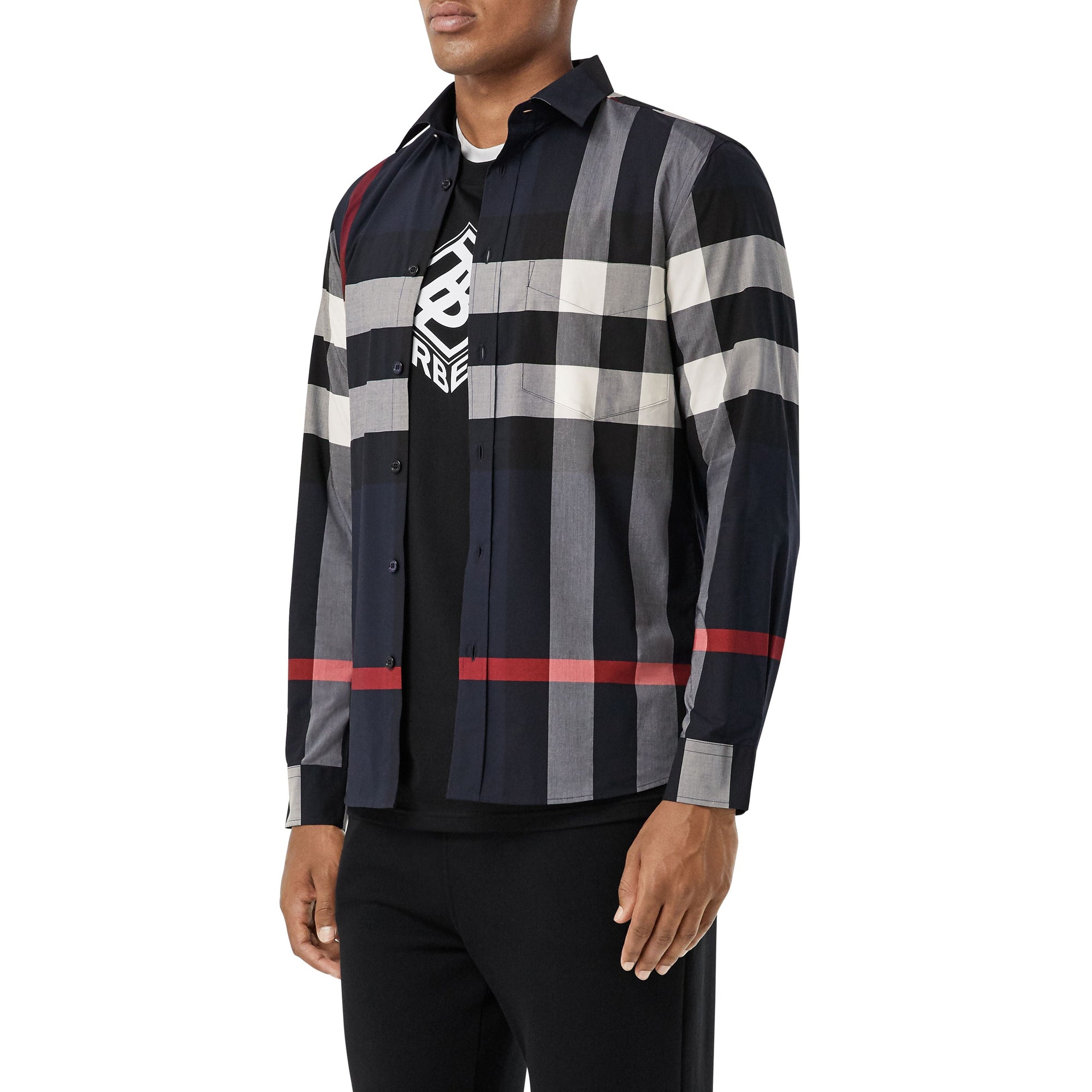 Chemise en popeline de coton stretch check - Marine