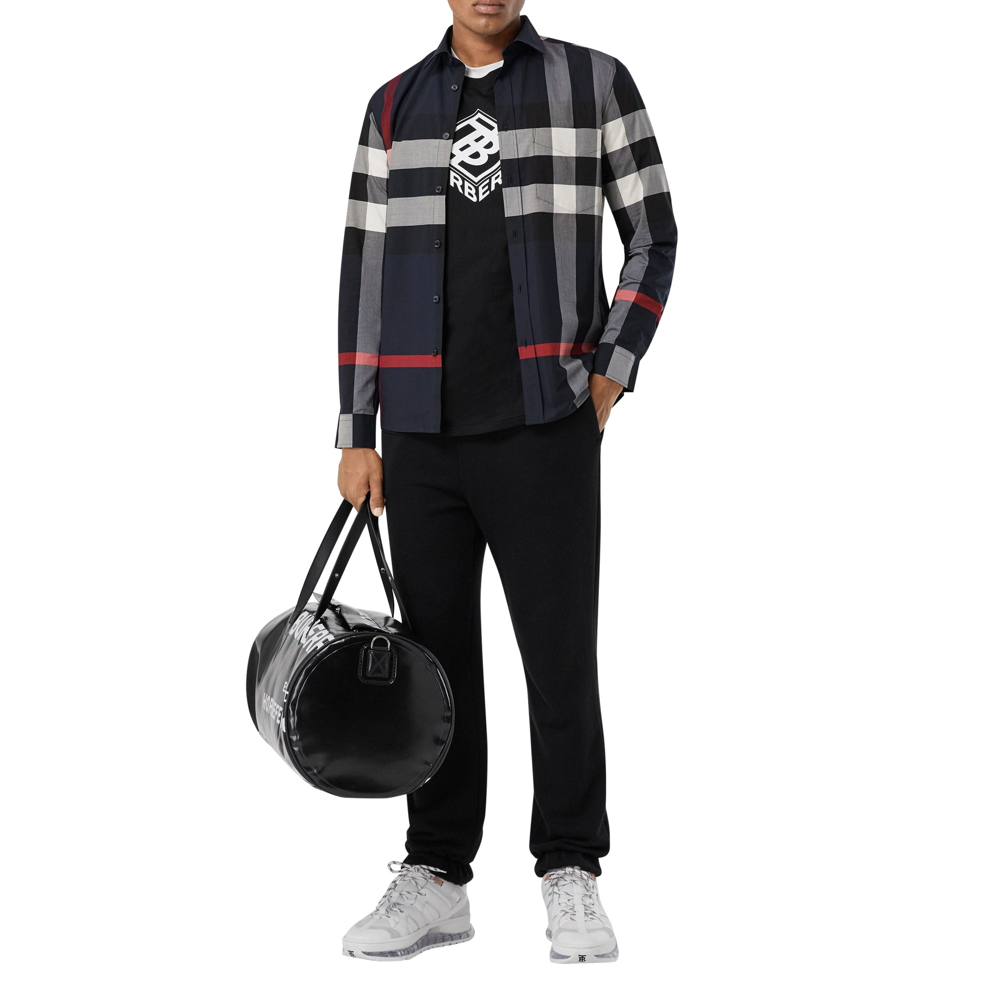 Chemise en popeline de coton stretch check - Marine