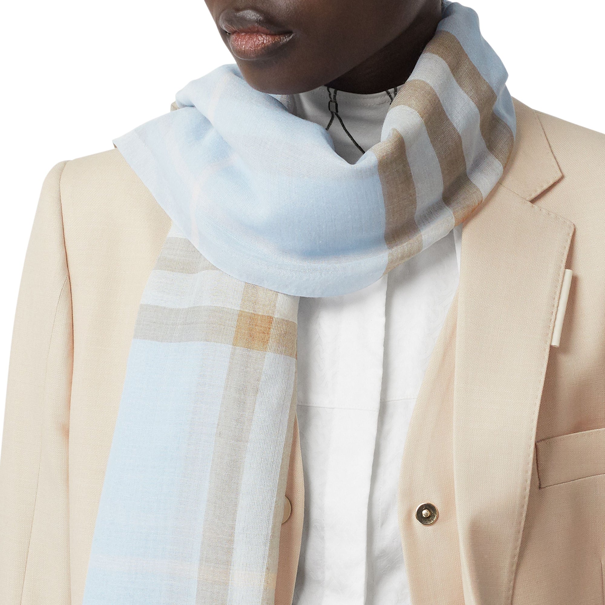 Écharpe légère en laine et soie check - Bleu pâle