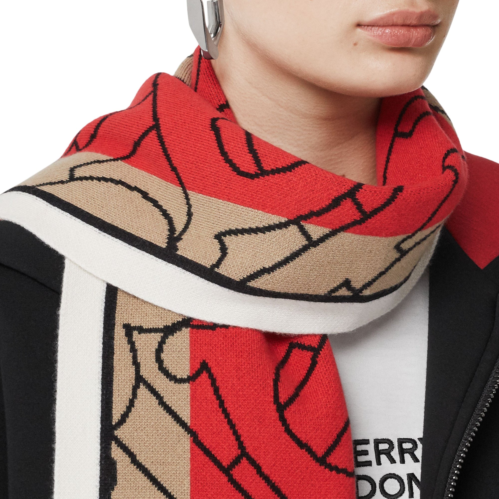 Écharpe en jacquard de cachemire à rayures monogram - Beige & rouge