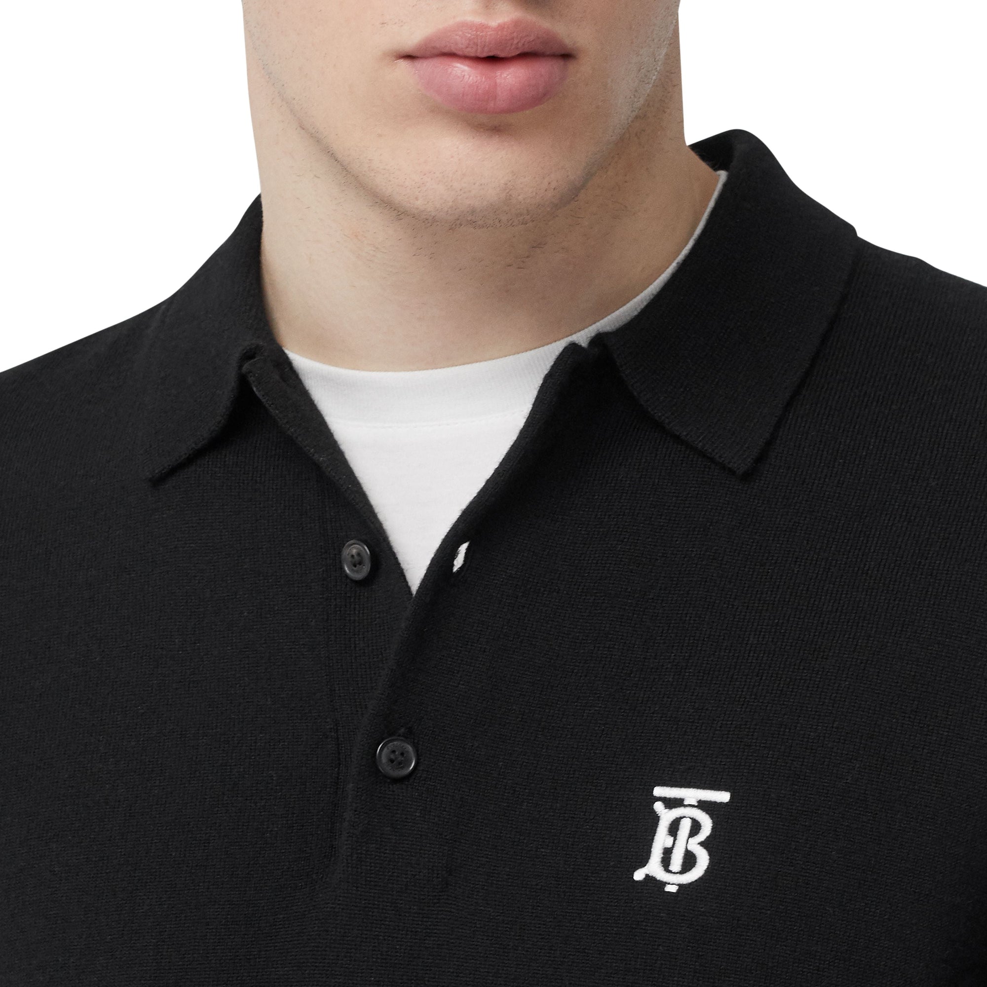 Polo à manches longues en laine mérinos monogram - Noir