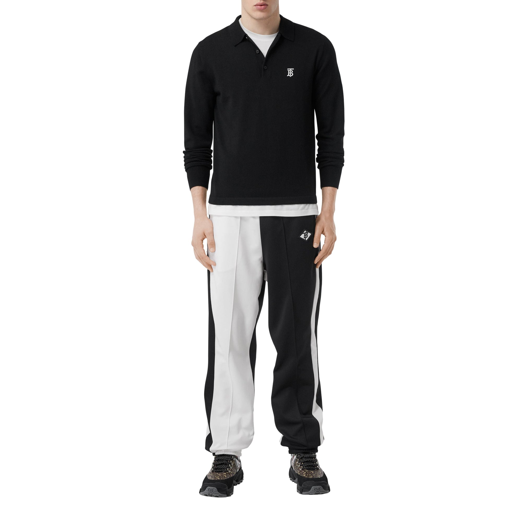 Polo à manches longues en laine mérinos monogram - Noir