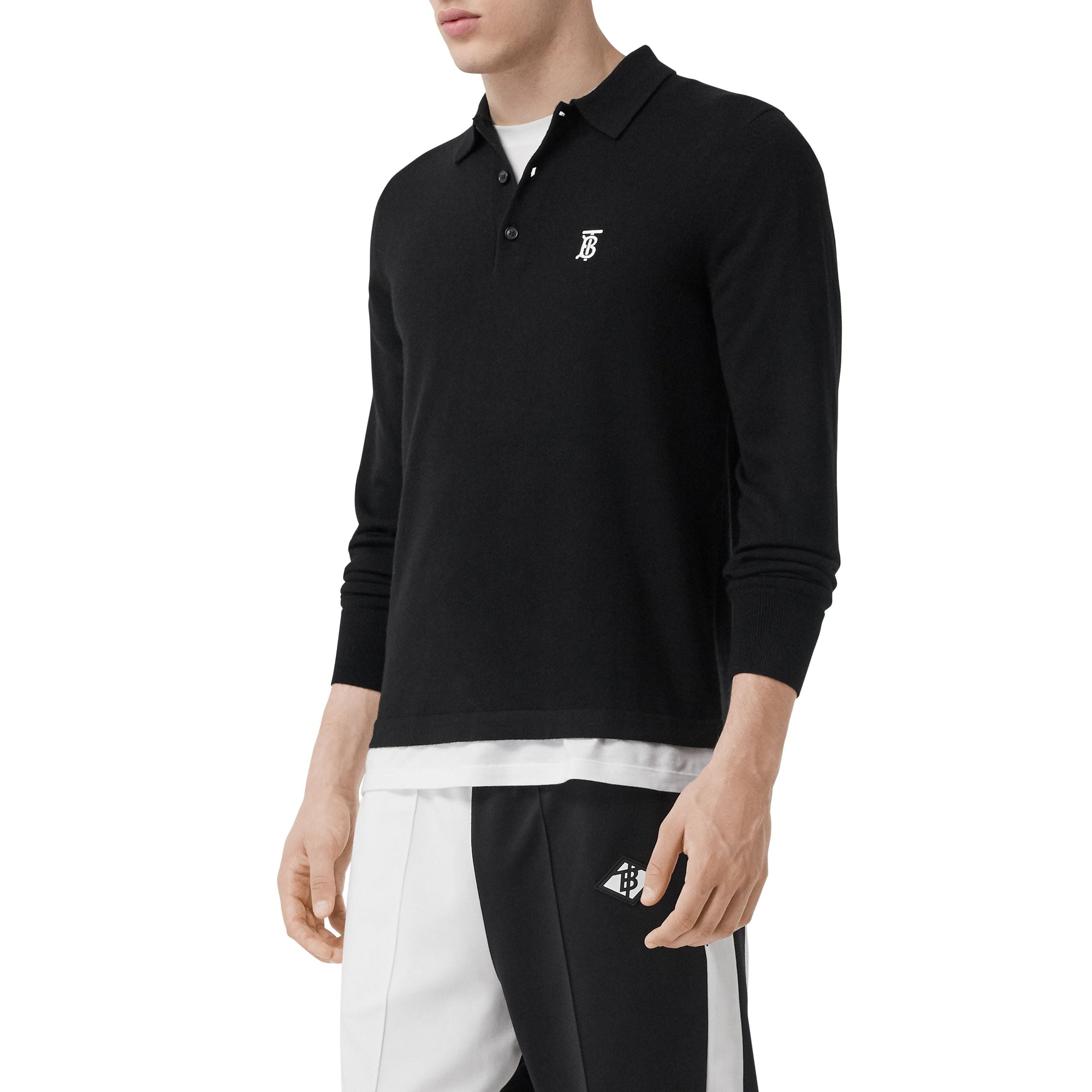Polo à manches longues en laine mérinos monogram - Noir