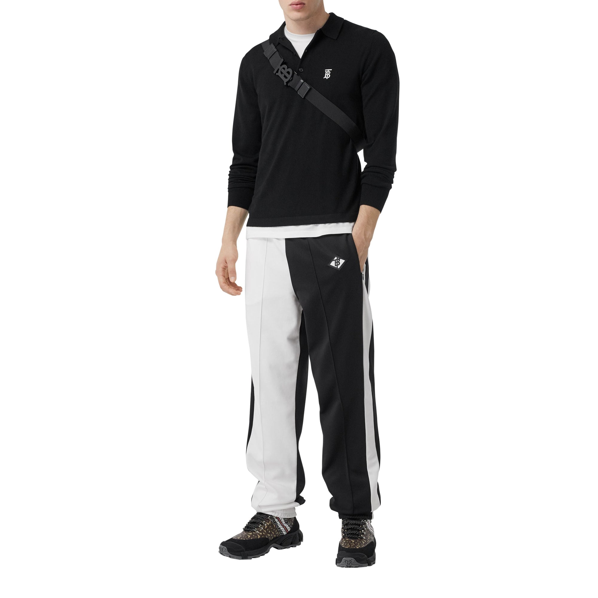 Polo à manches longues en laine mérinos monogram - Noir