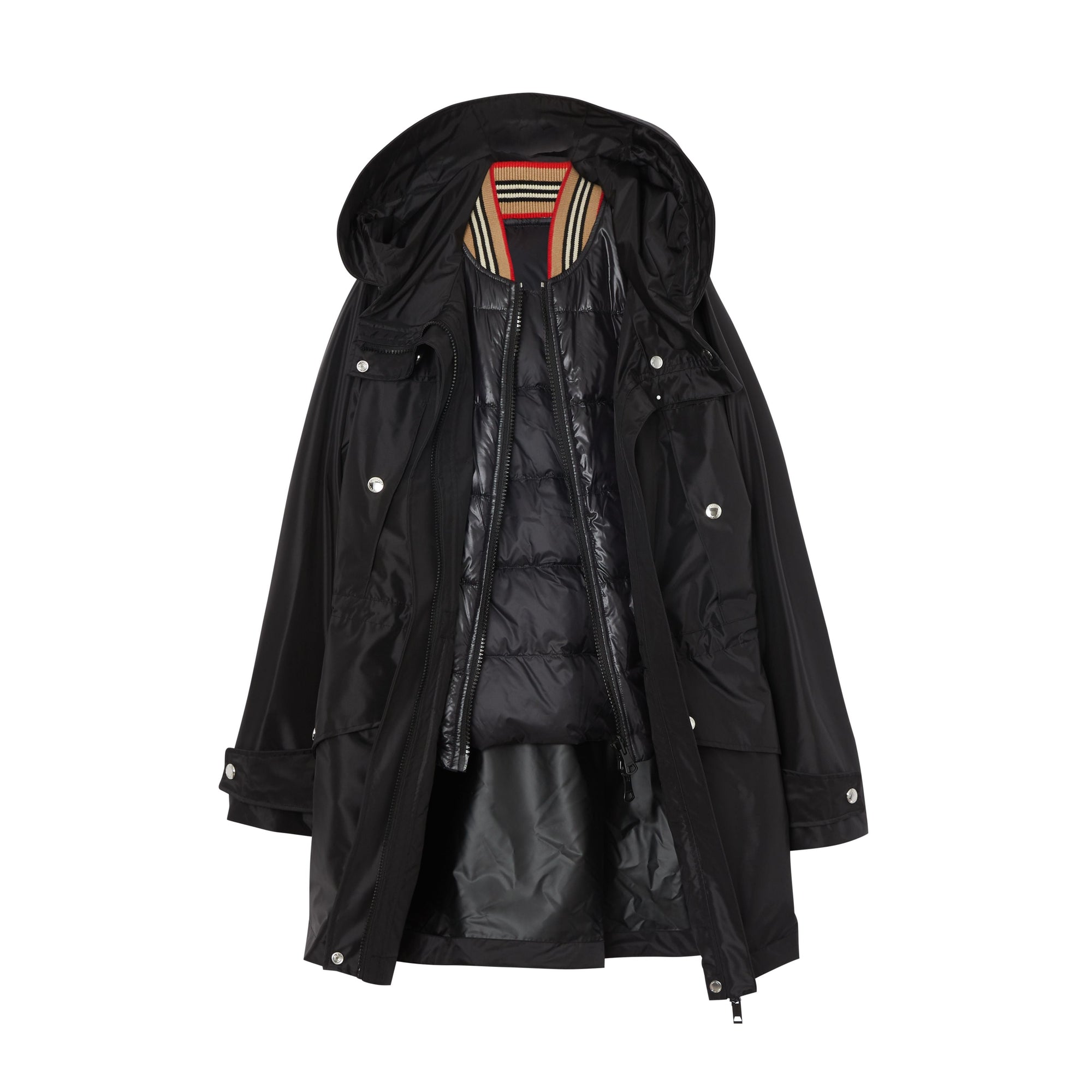 Parka à capuche en nylon enduit avec gilet sans manches amovible - Noir
