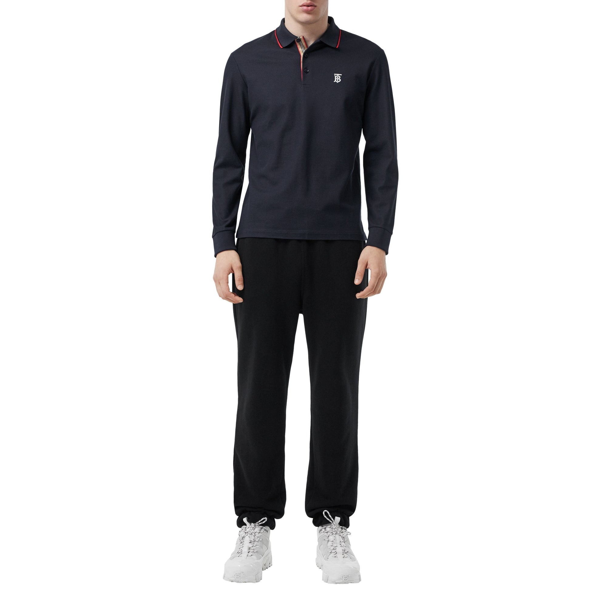 NAVY Polo à manches longues en piqué de coton Monogram