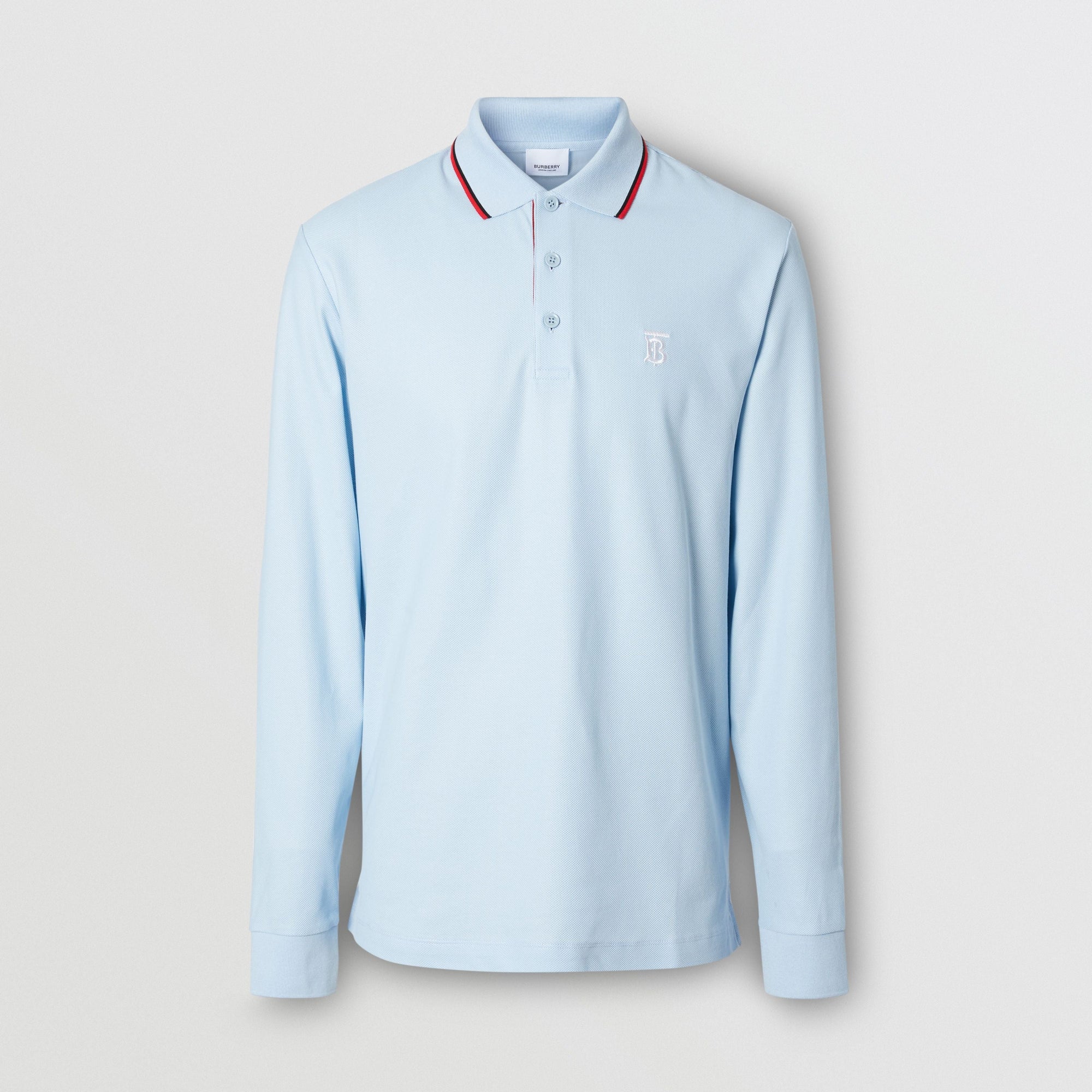 PALE BLUE Polo à manches longues en piqué de coton Monogram