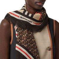 Grand carré en laine et soie monogram avec rayures iconiques - Moka foncé