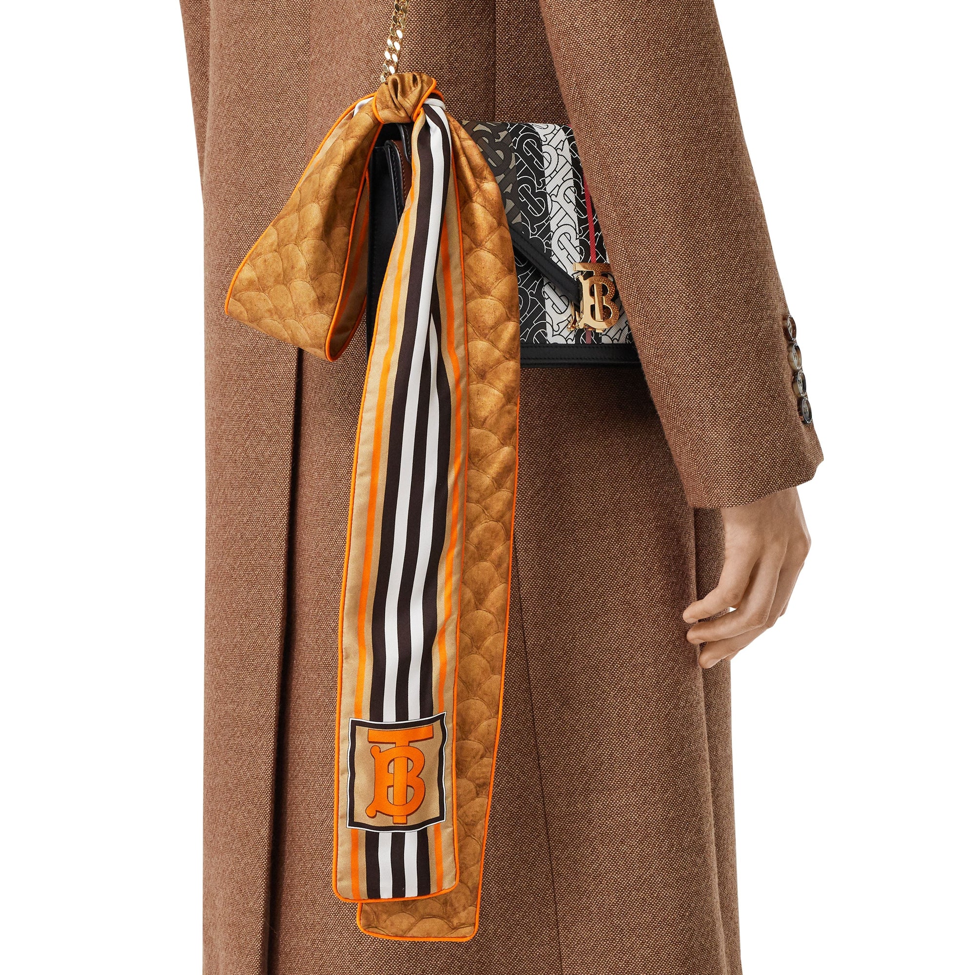 Foulard ultrafin en soie Monogram avec rayures iconiques et imprimé écaille de poisson - Camel Doux