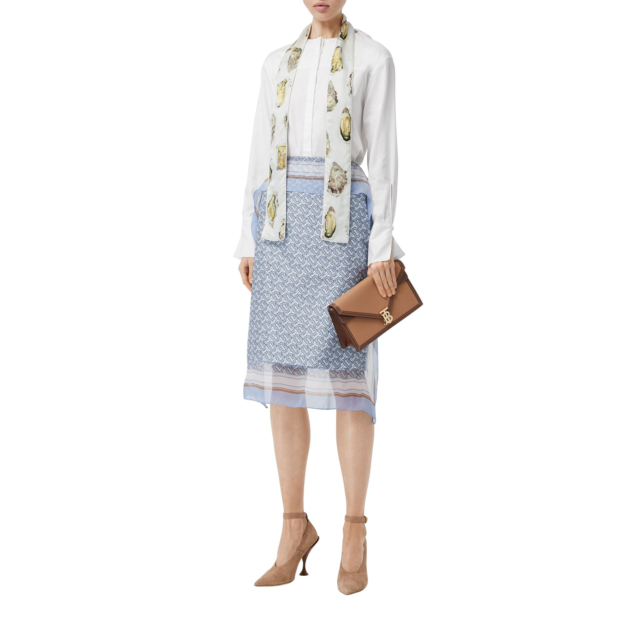 Foulard ultrafin en satin de soie à imprimé huître - Blanc Naturel