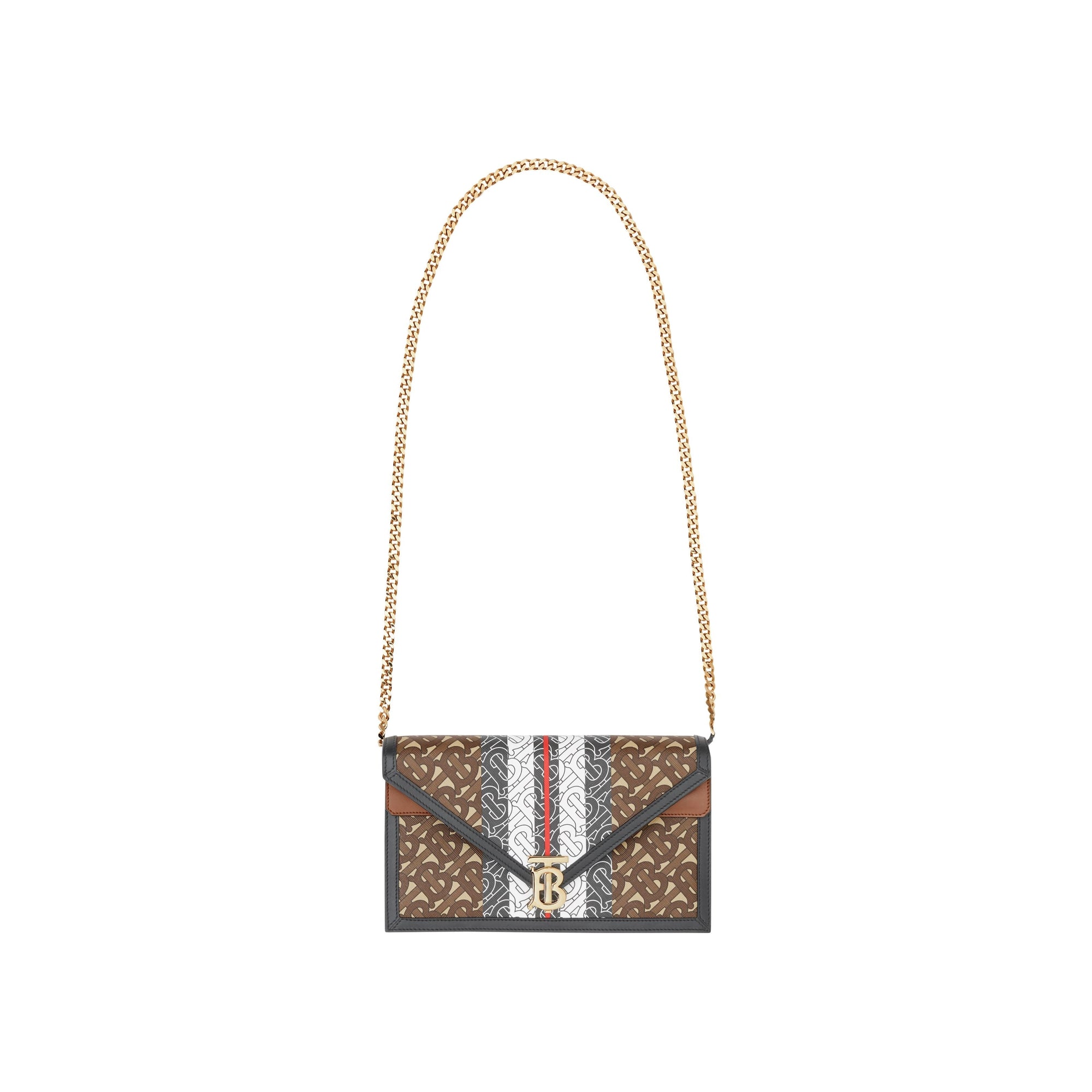 Petite clutch enveloppe TB en toile écologique rayé monogram - Brun bride