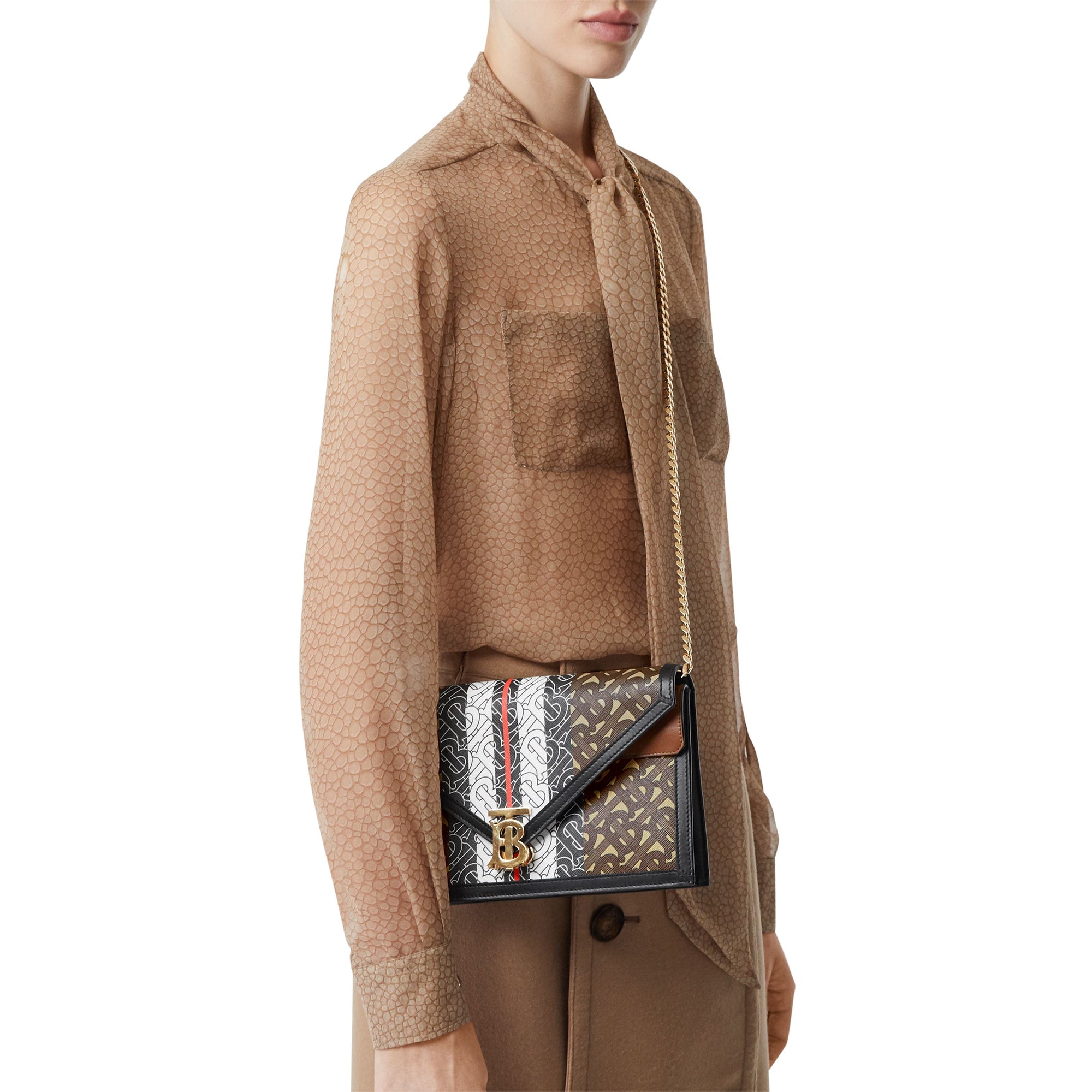 Petite clutch enveloppe TB en toile écologique rayé monogram - Brun bride