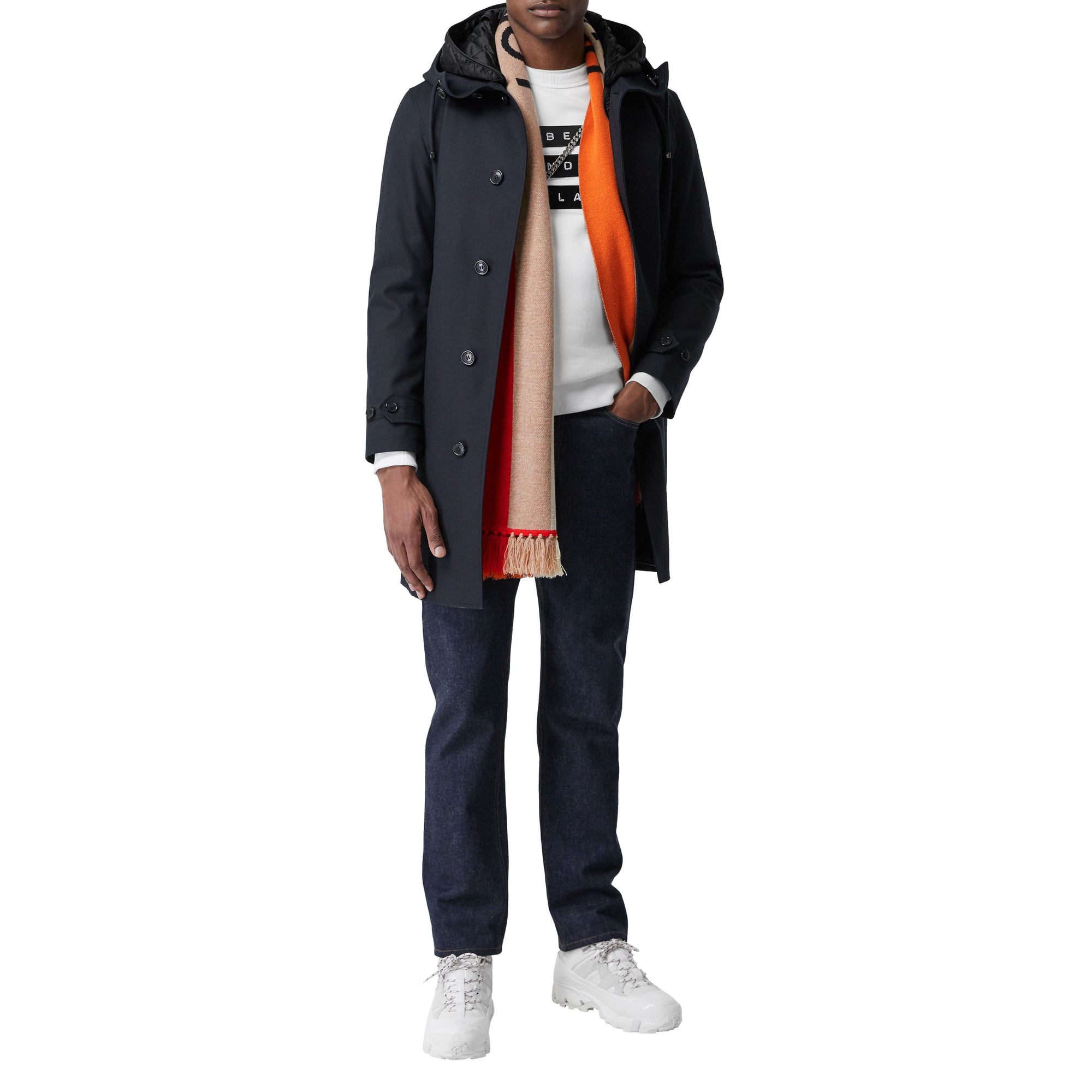 Écharpe en jacquard de cachemire à rayures et logo - Orange vif