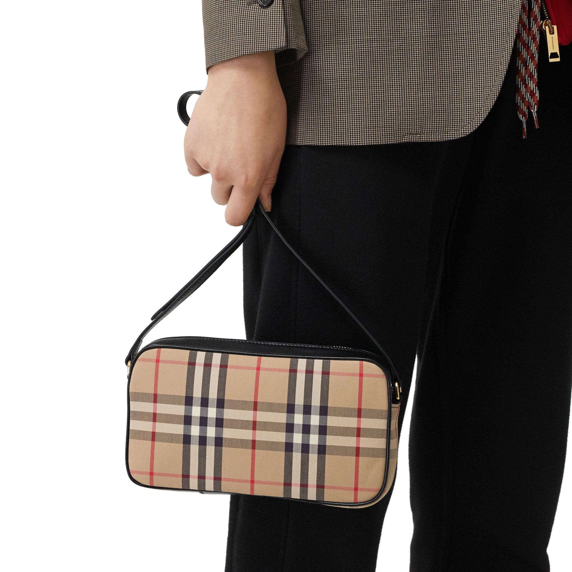 Petit sac caméra en cuir et vintage check - Beige d'archive
