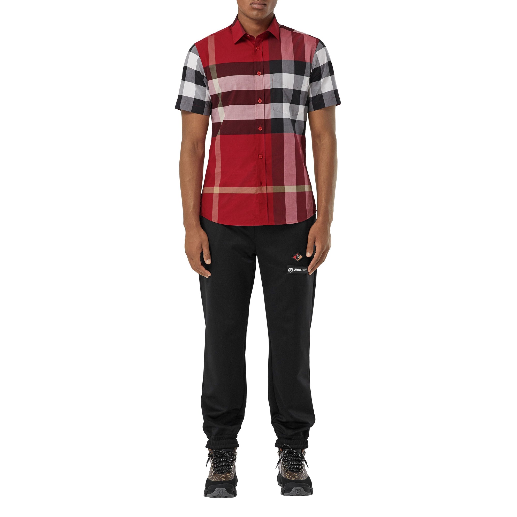 Chemise à manches courtes en popeline de coton stretch check - Rouge Parade