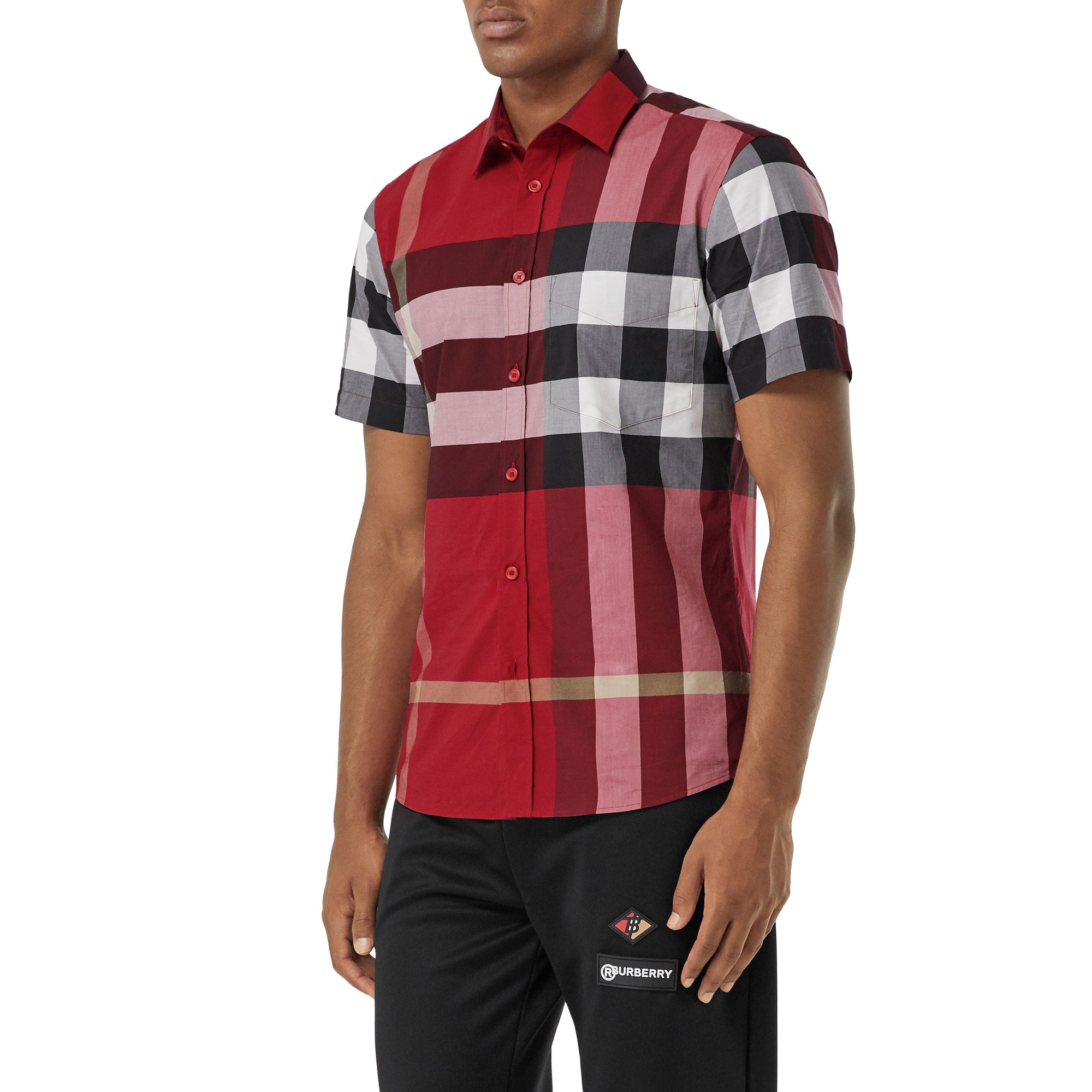 Chemise à manches courtes en popeline de coton stretch check - Rouge Parade