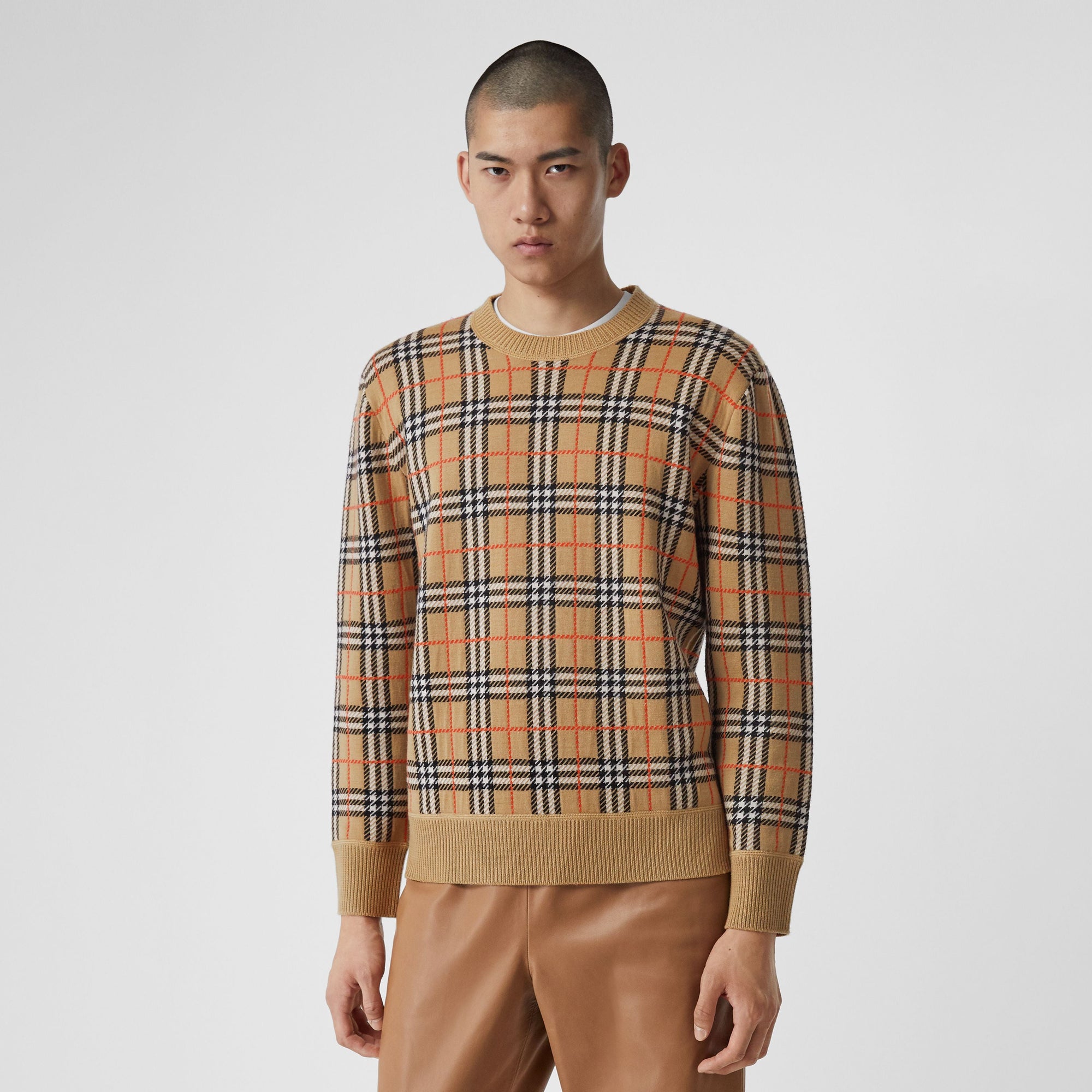ARCHIVE BEIGE Pull en jacquard de laine mérinos check