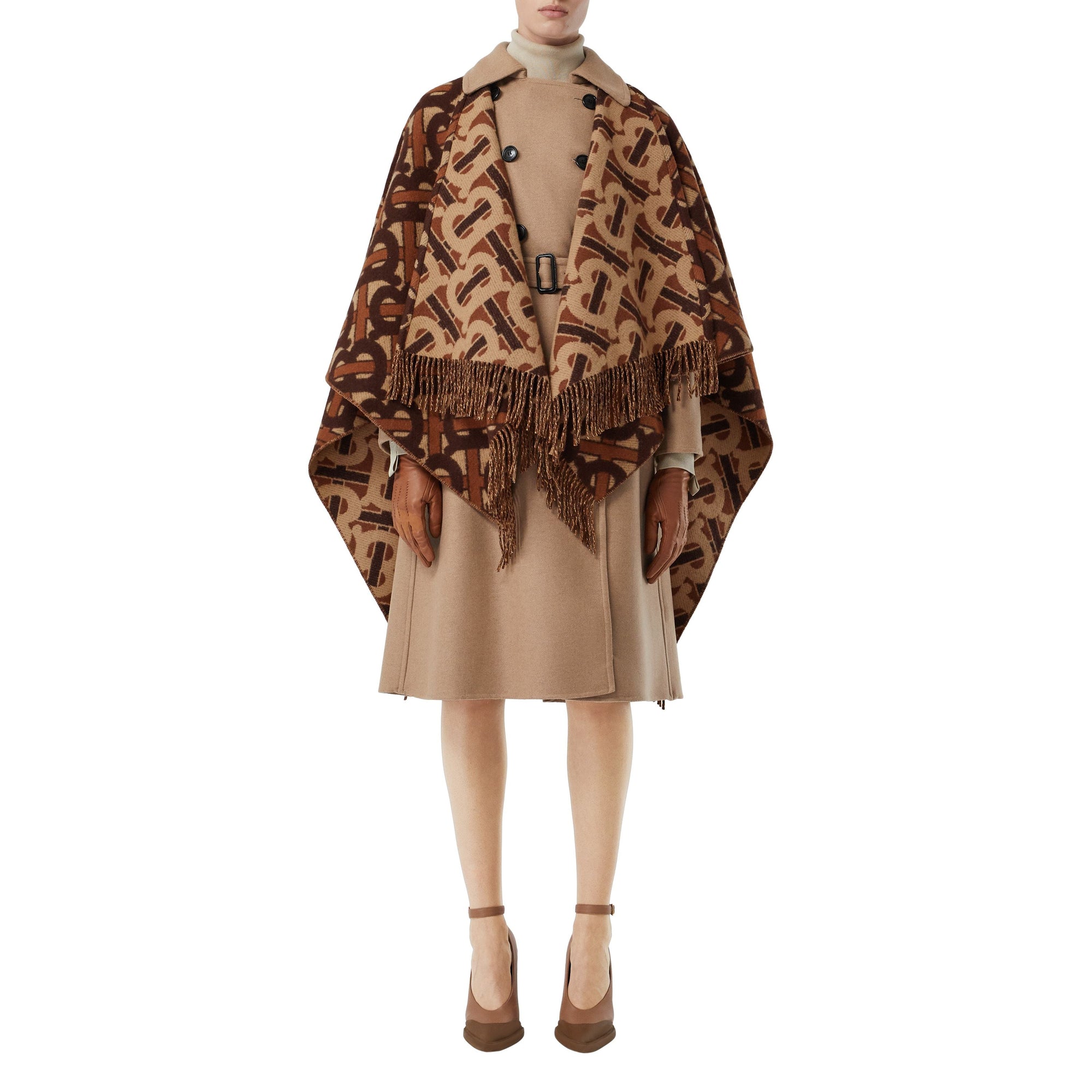 Cape en laine mérinos et cachemire tissés en jacquard Monogram - Moka Foncé