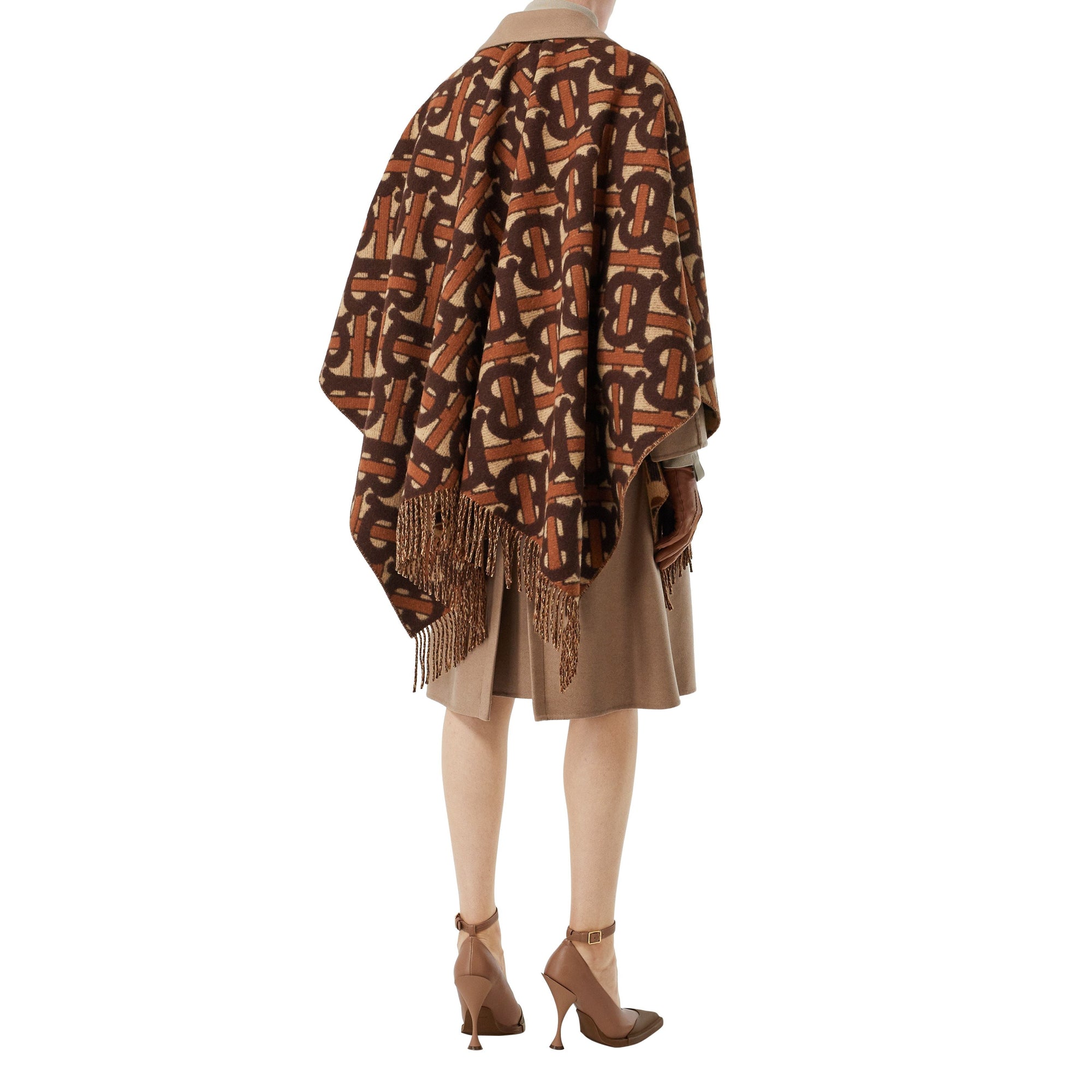 Cape en laine mérinos et cachemire tissés en jacquard Monogram - Moka Foncé