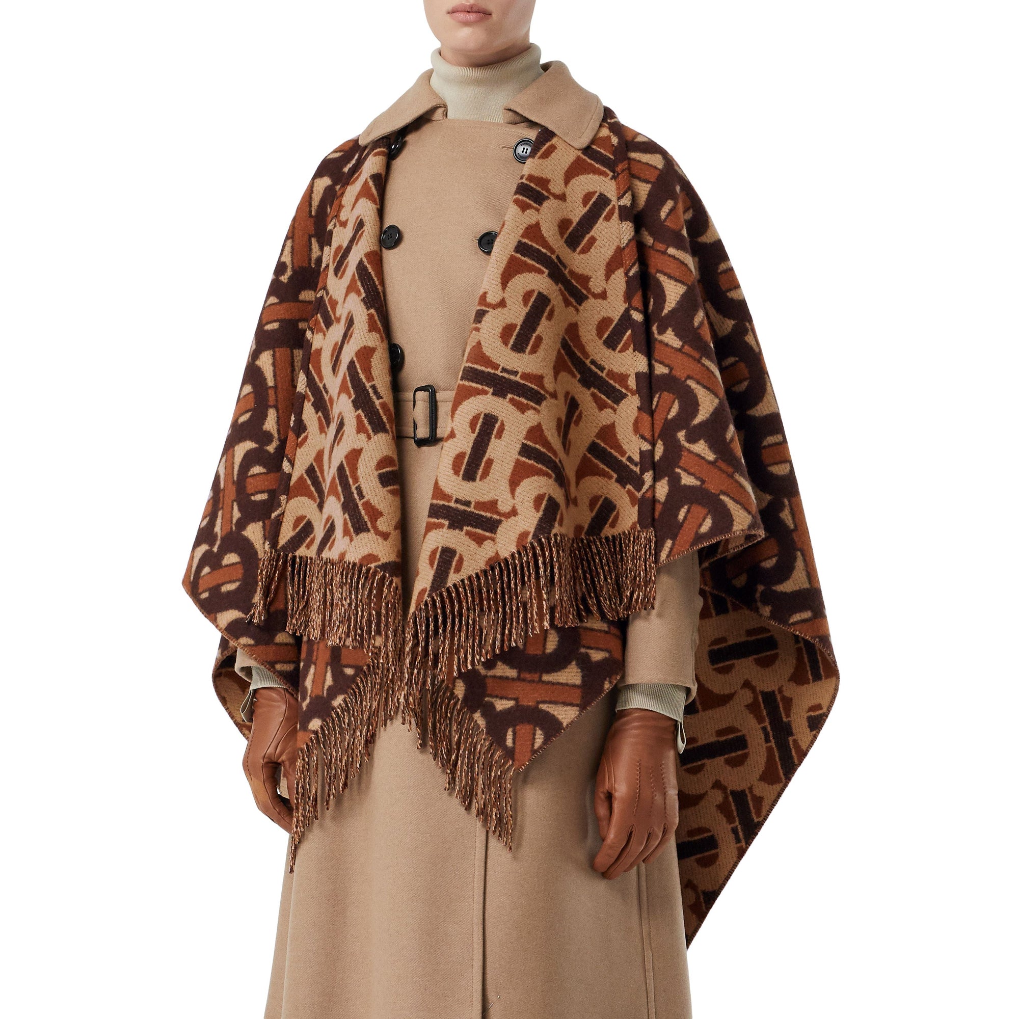 Cape en laine mérinos et cachemire tissés en jacquard Monogram - Moka Foncé