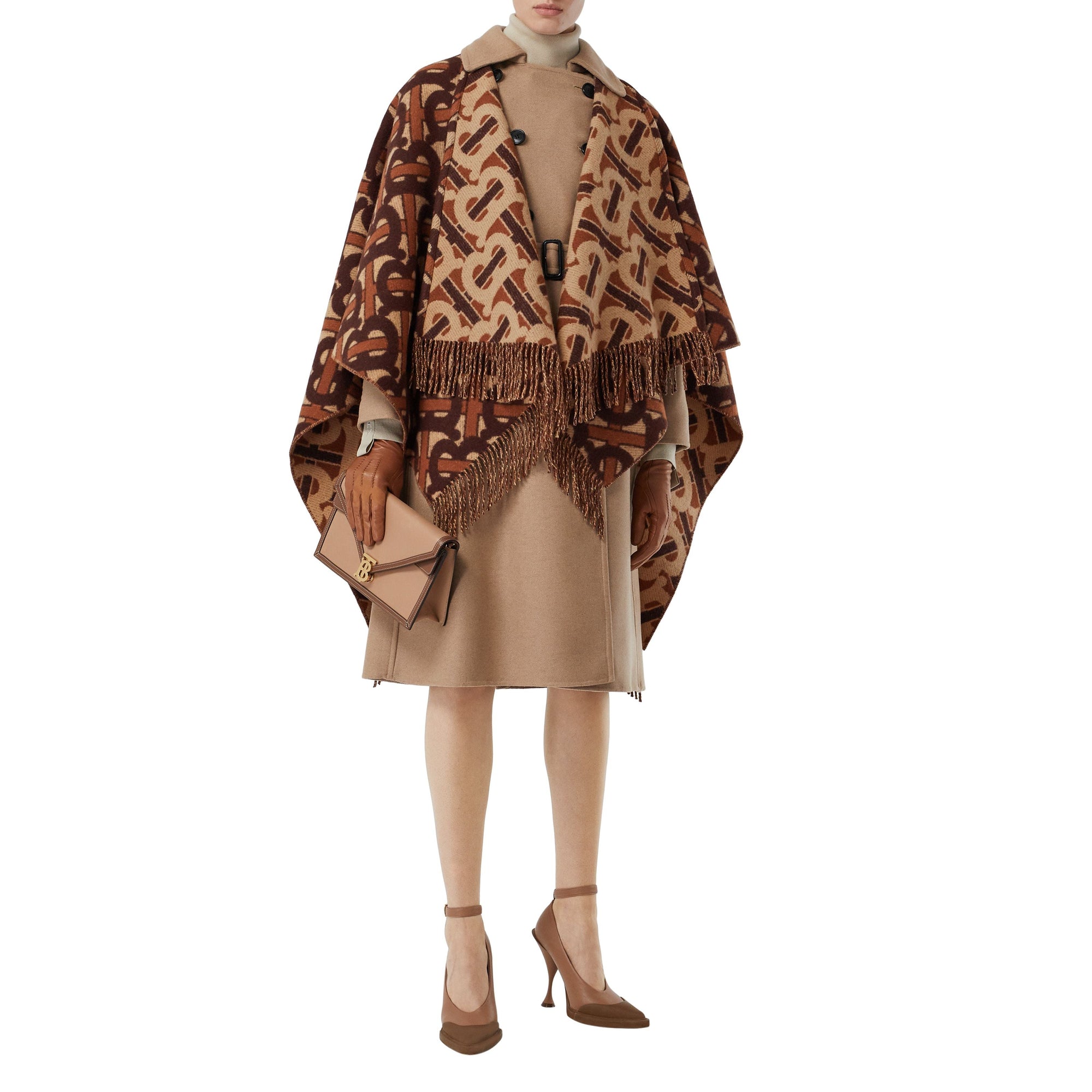 Cape en laine mérinos et cachemire tissés en jacquard Monogram - Moka Foncé