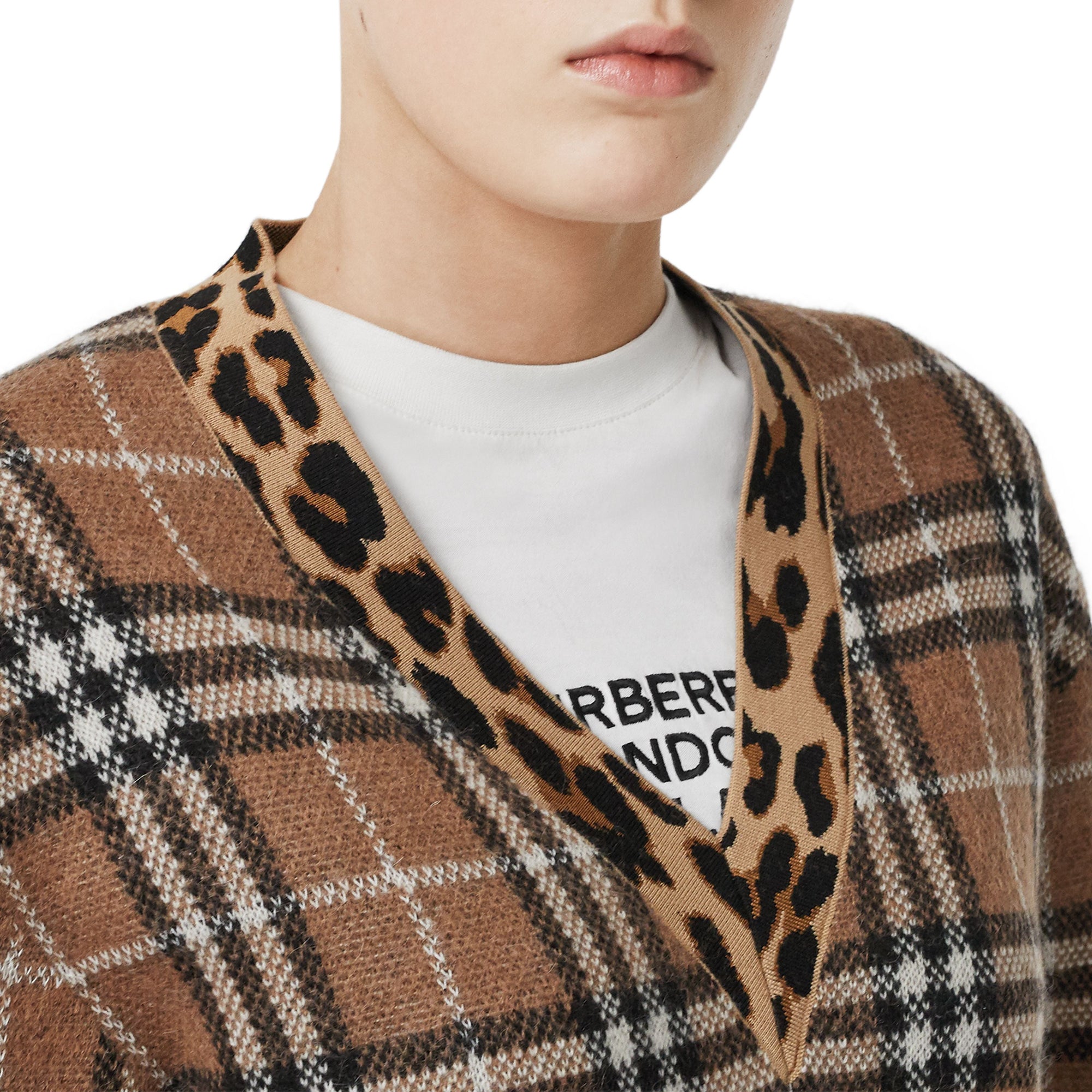 Pull en cachemire mélangé vintage check avec motif léopard - Beige d'archive