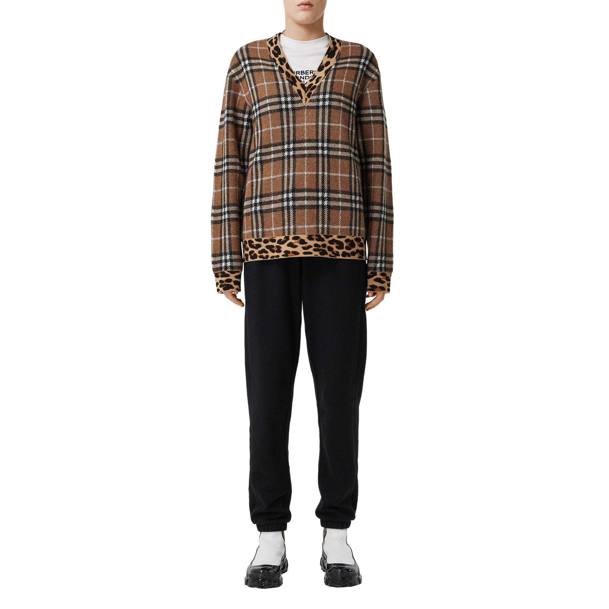 Pull en cachemire mélangé vintage check avec motif léopard - Beige d'archive