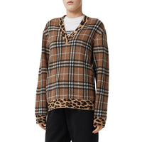 Pull en cachemire mélangé vintage check avec motif léopard - Beige d'archive