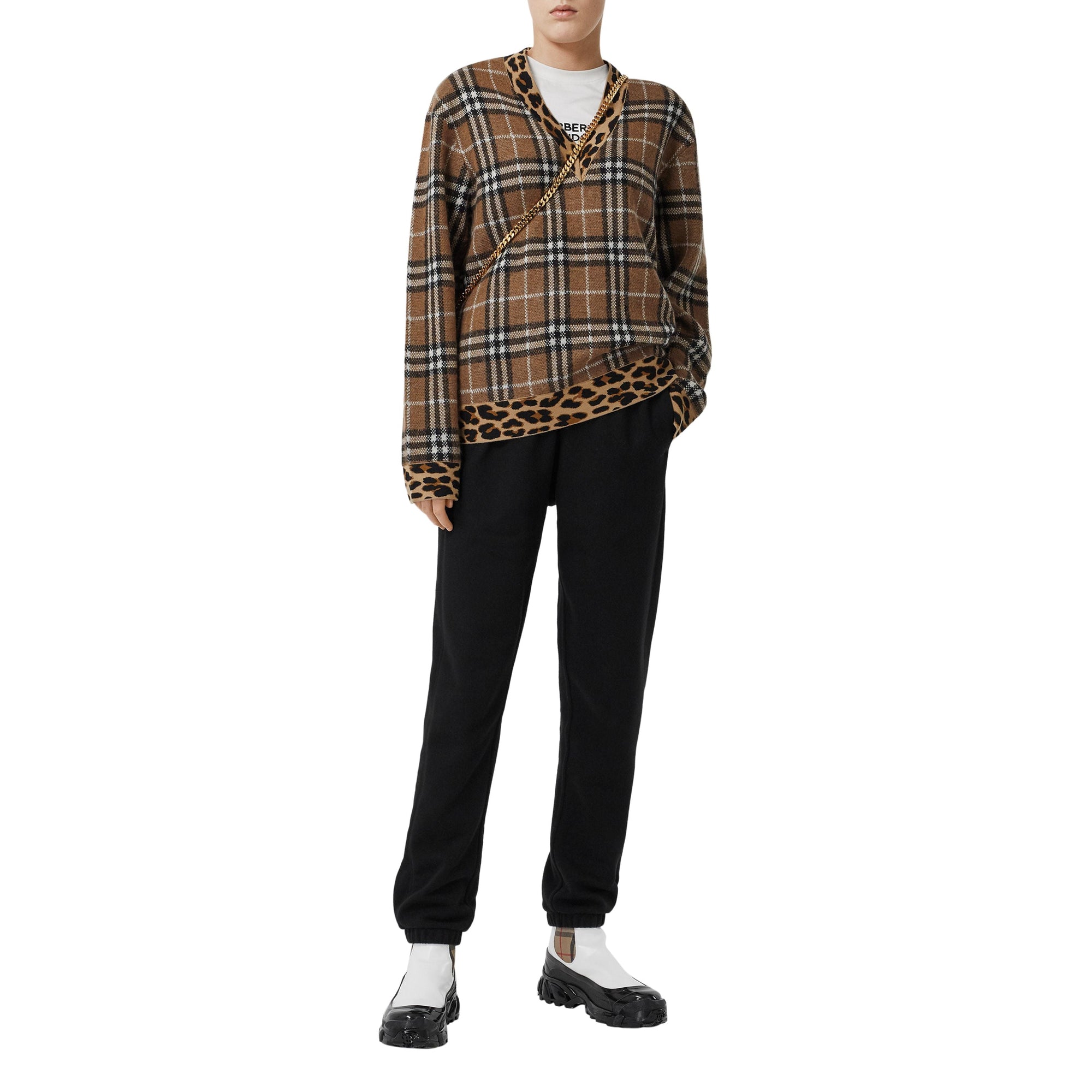 Pull en cachemire mélangé vintage check avec motif léopard - Beige d'archive