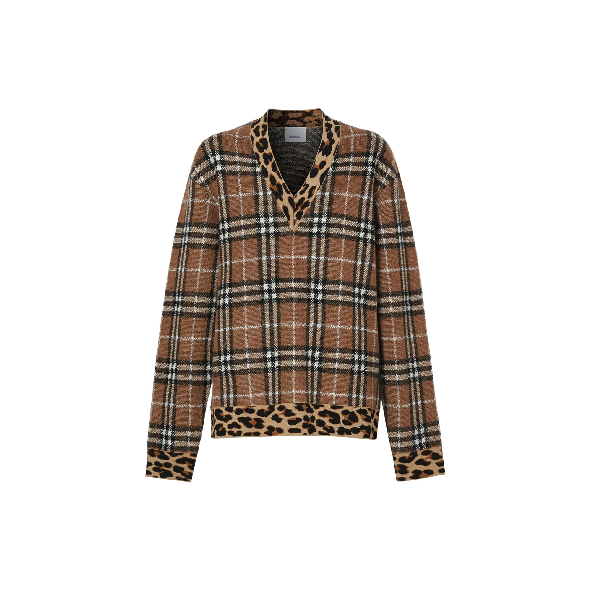 Pull en cachemire mélangé vintage check avec motif léopard - Beige d'archive