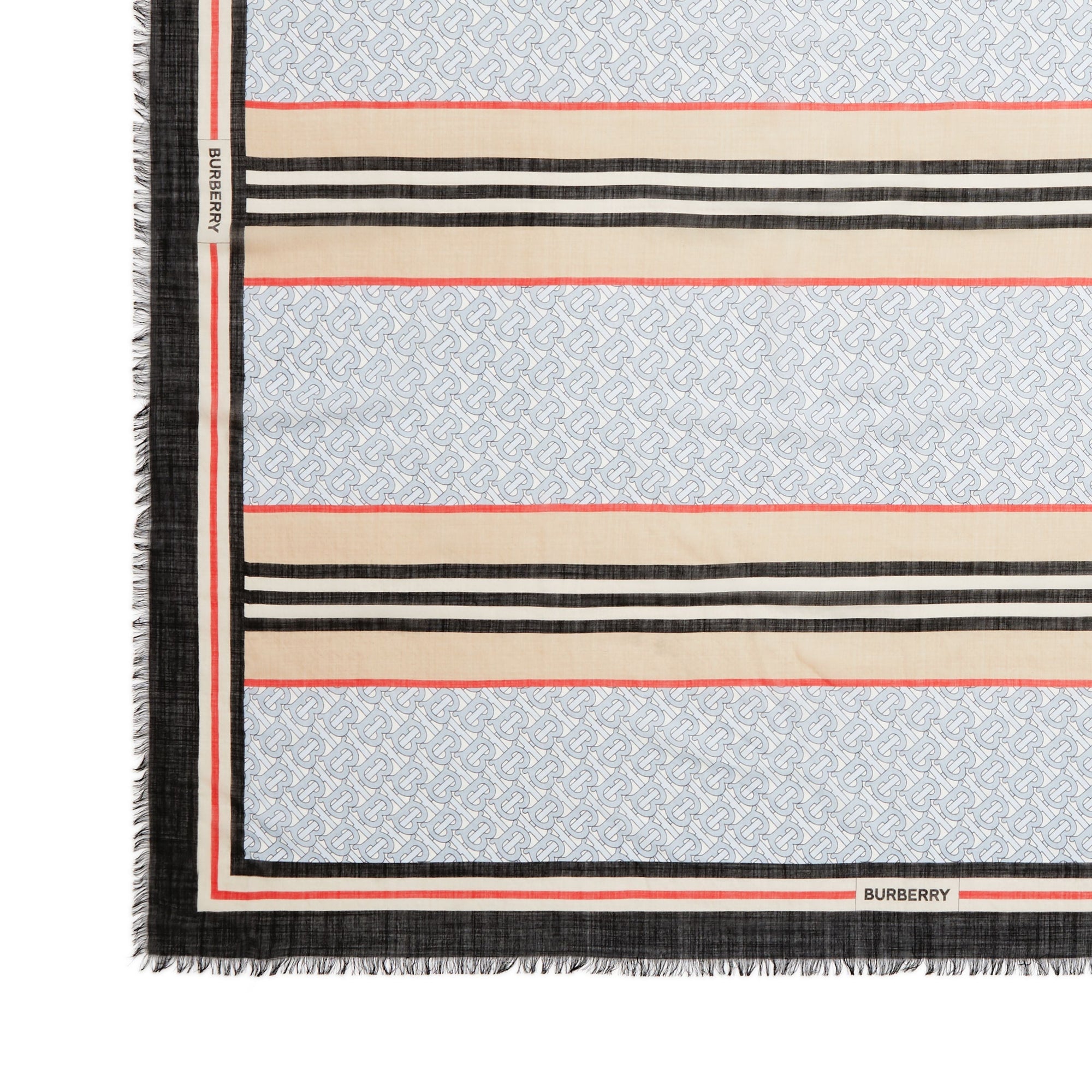 Grand carré en laine et soie monogram avec rayures iconiques - Bleu clair