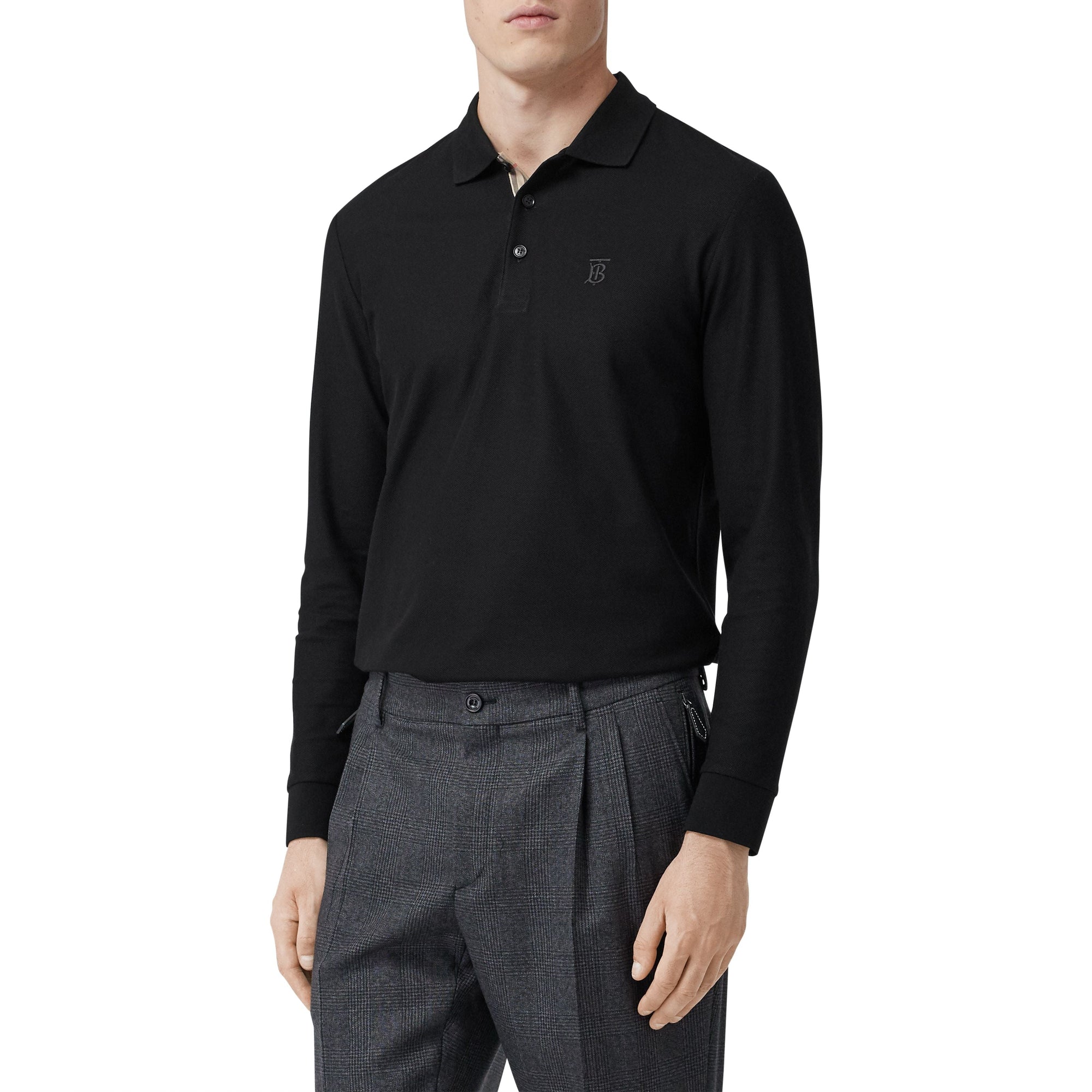 BLACK Polo à manches longues en piqué de coton Monogram