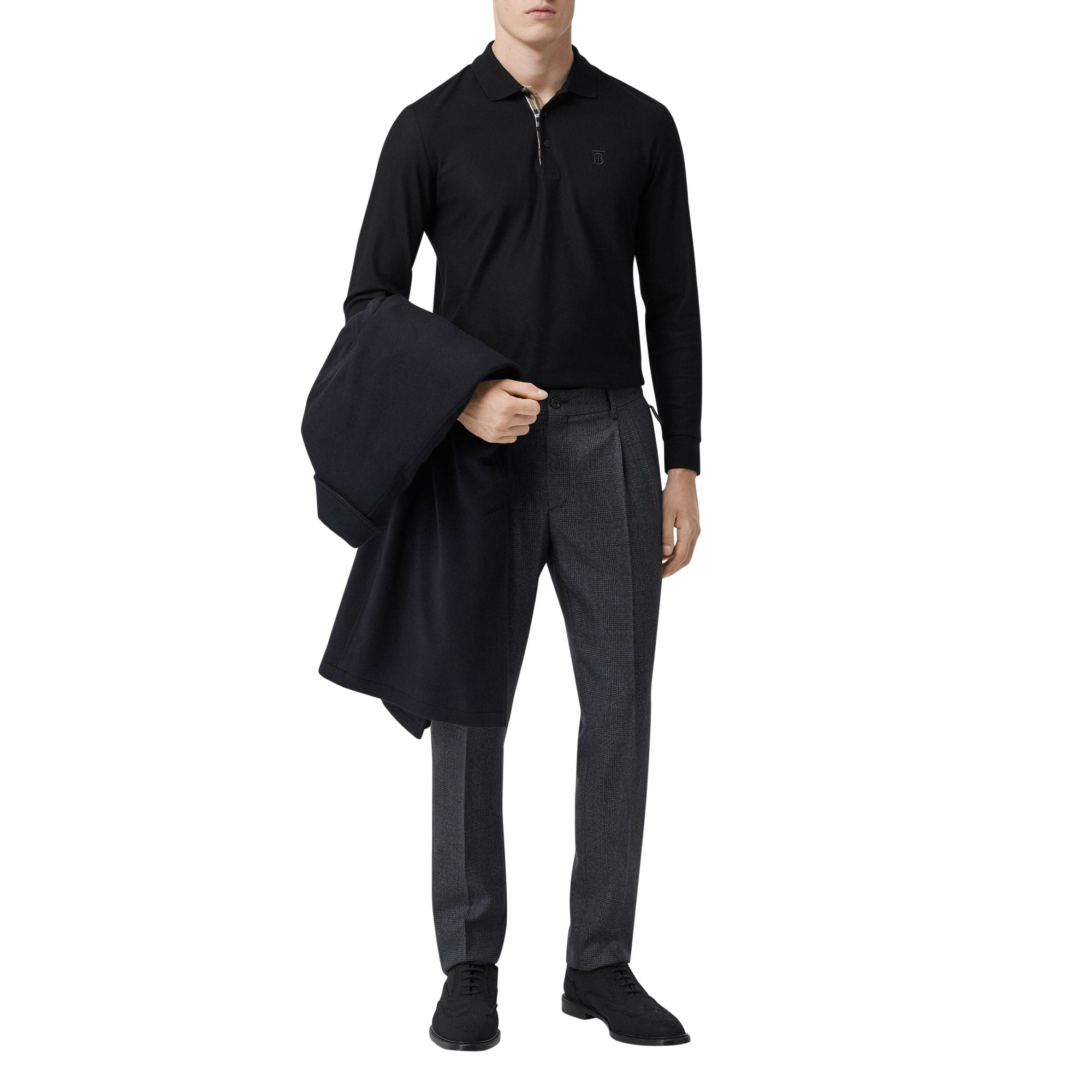 BLACK Polo à manches longues en piqué de coton Monogram