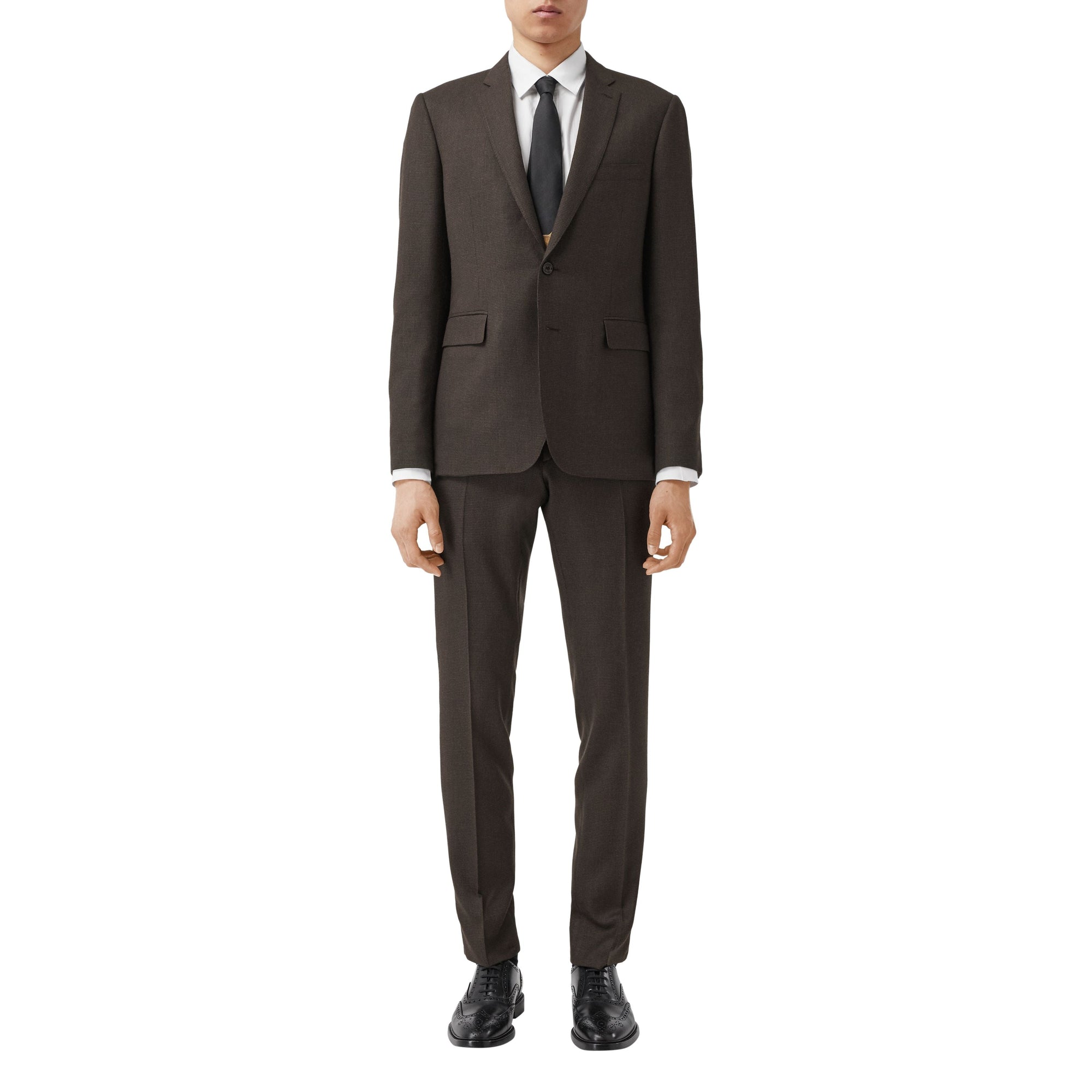 Costume slim en laine à motif check et pied-de-poule - Marron foncé