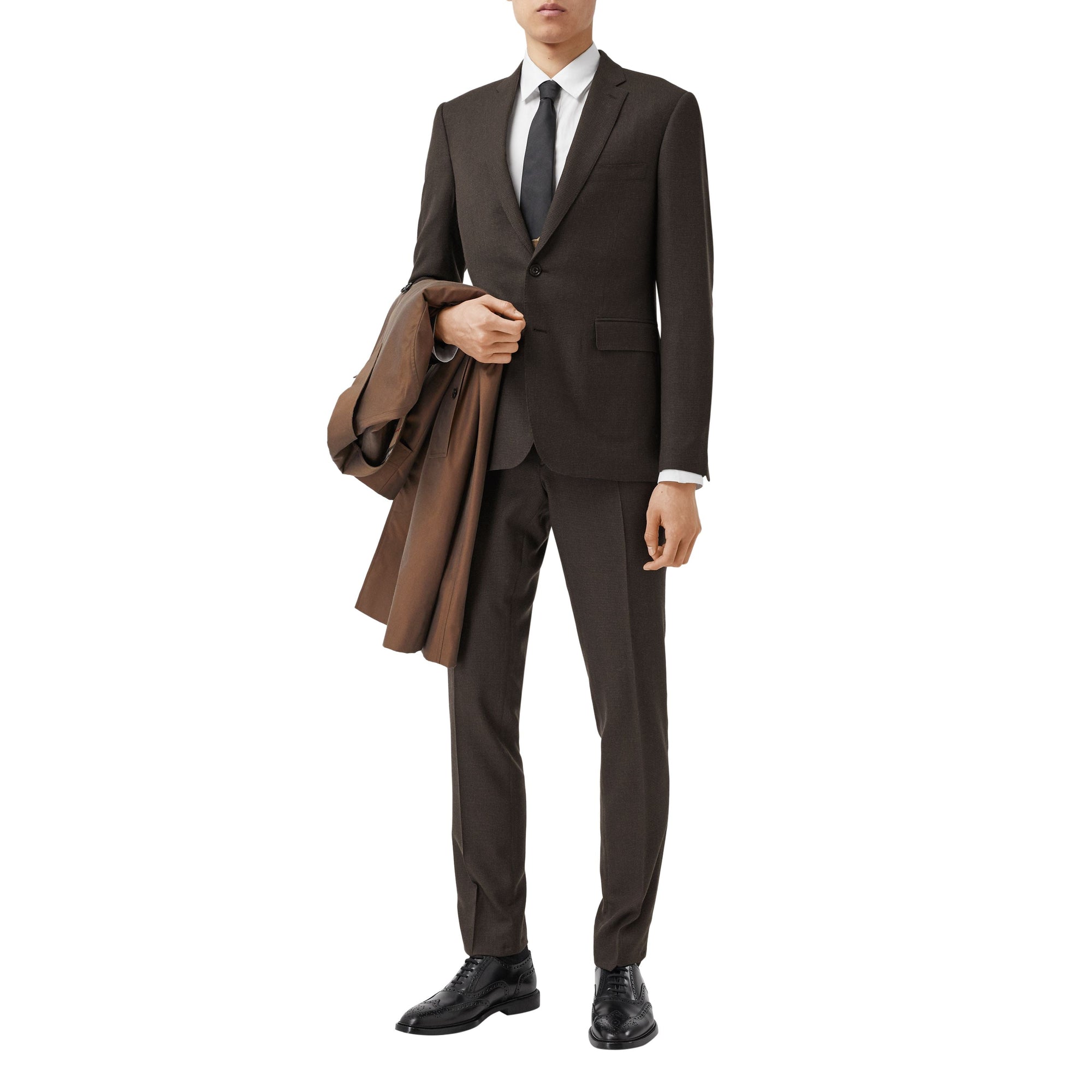 Costume slim en laine à motif check et pied-de-poule - Marron foncé