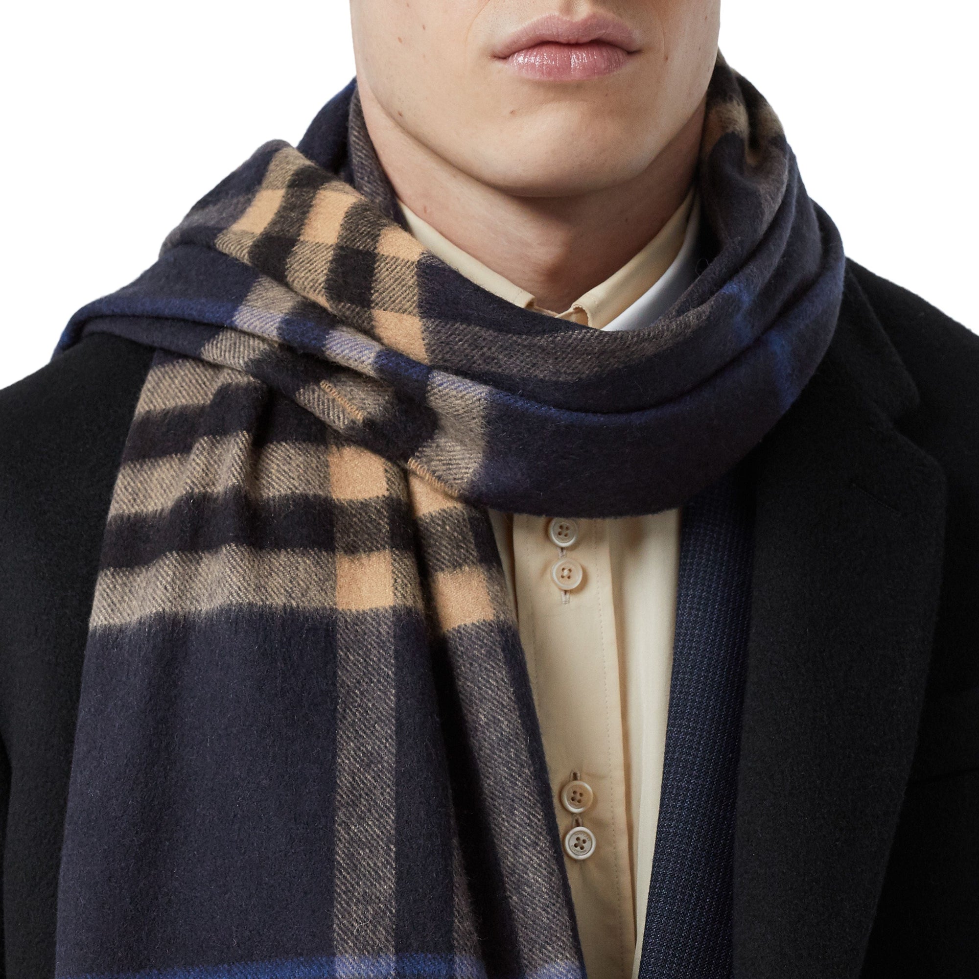 Écharpe classique en cachemire check - Indigo & camel moyen