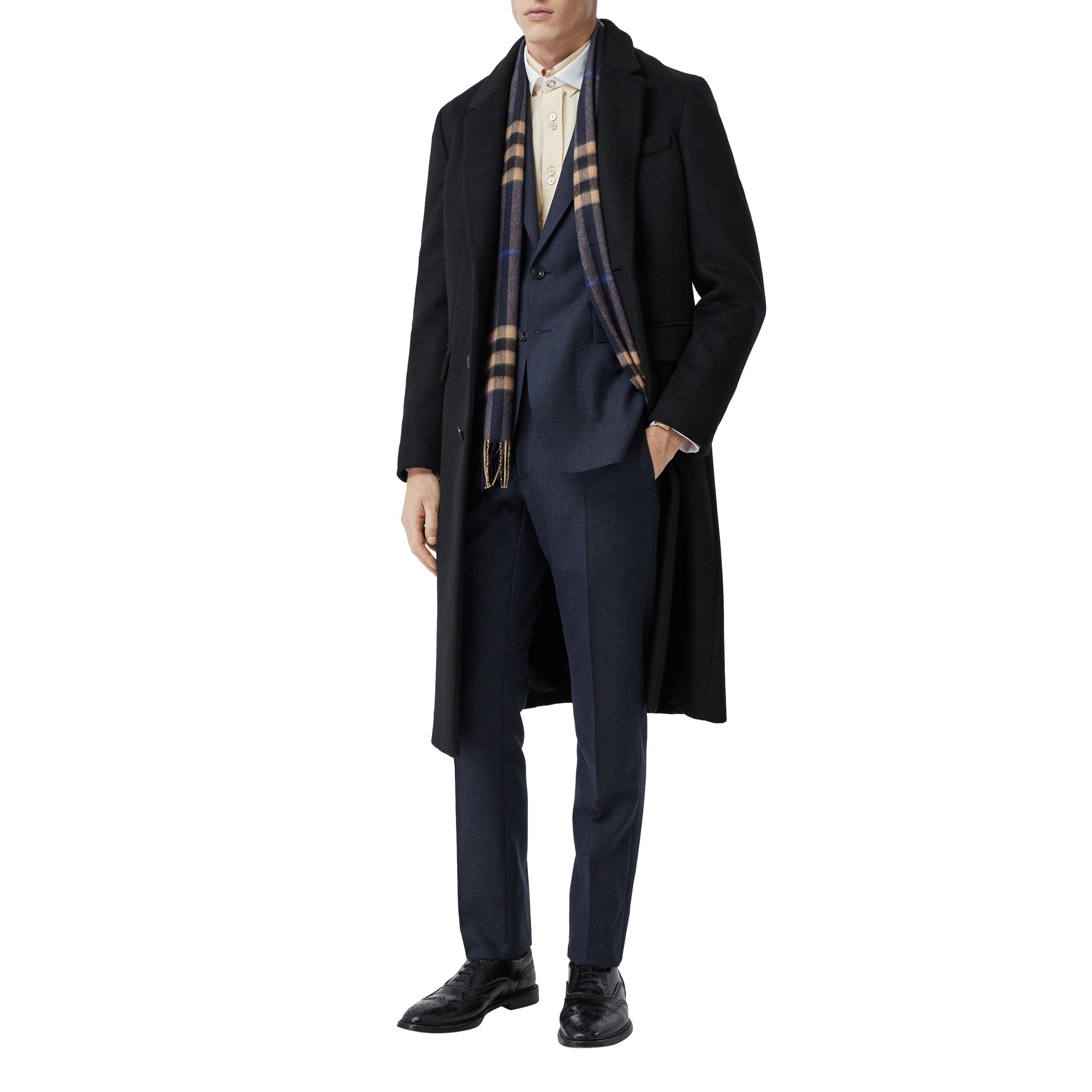 Écharpe classique en cachemire check - Indigo & Camel Moyen
