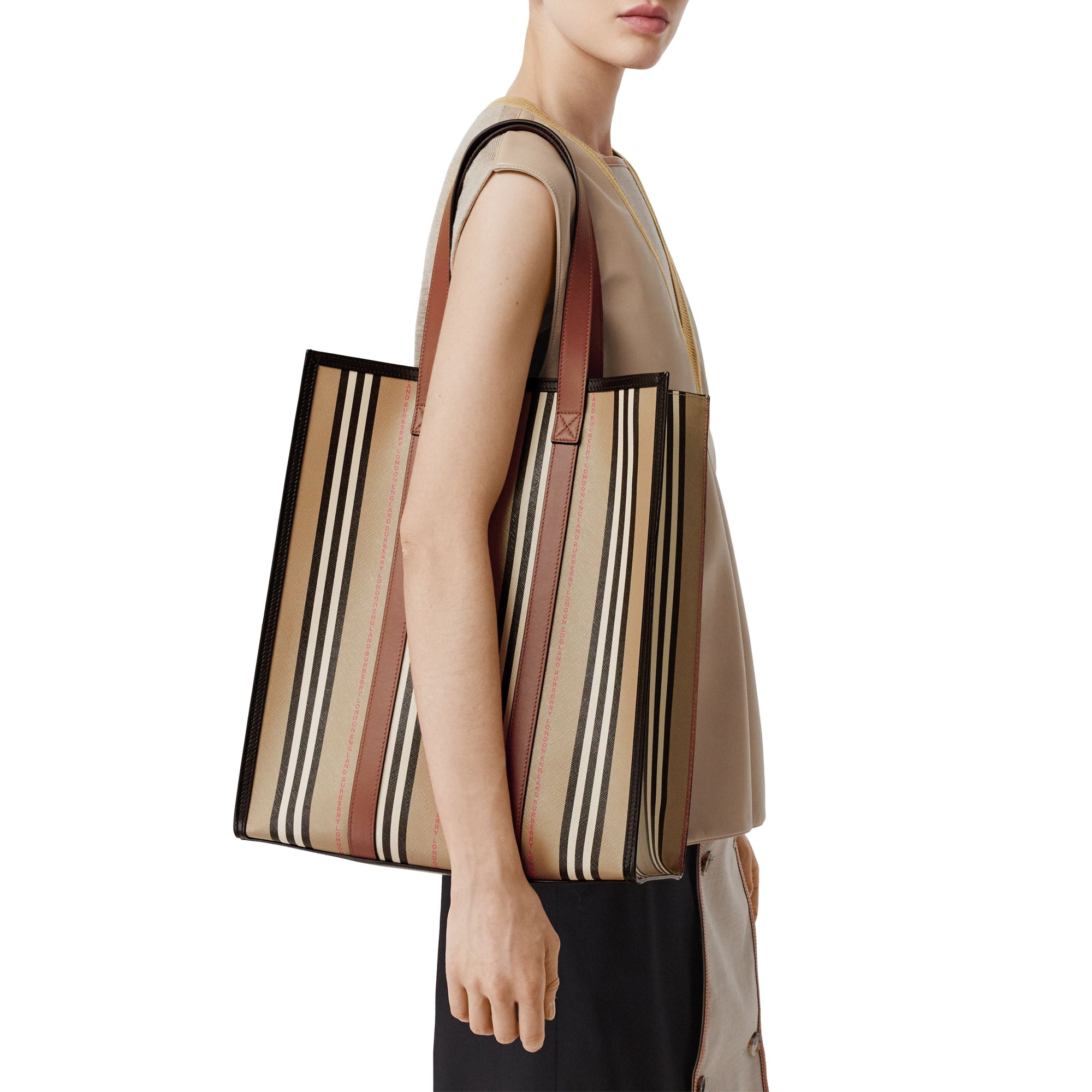Cabas en toile écologique rayé avec logo - Hâle & beige d'archive