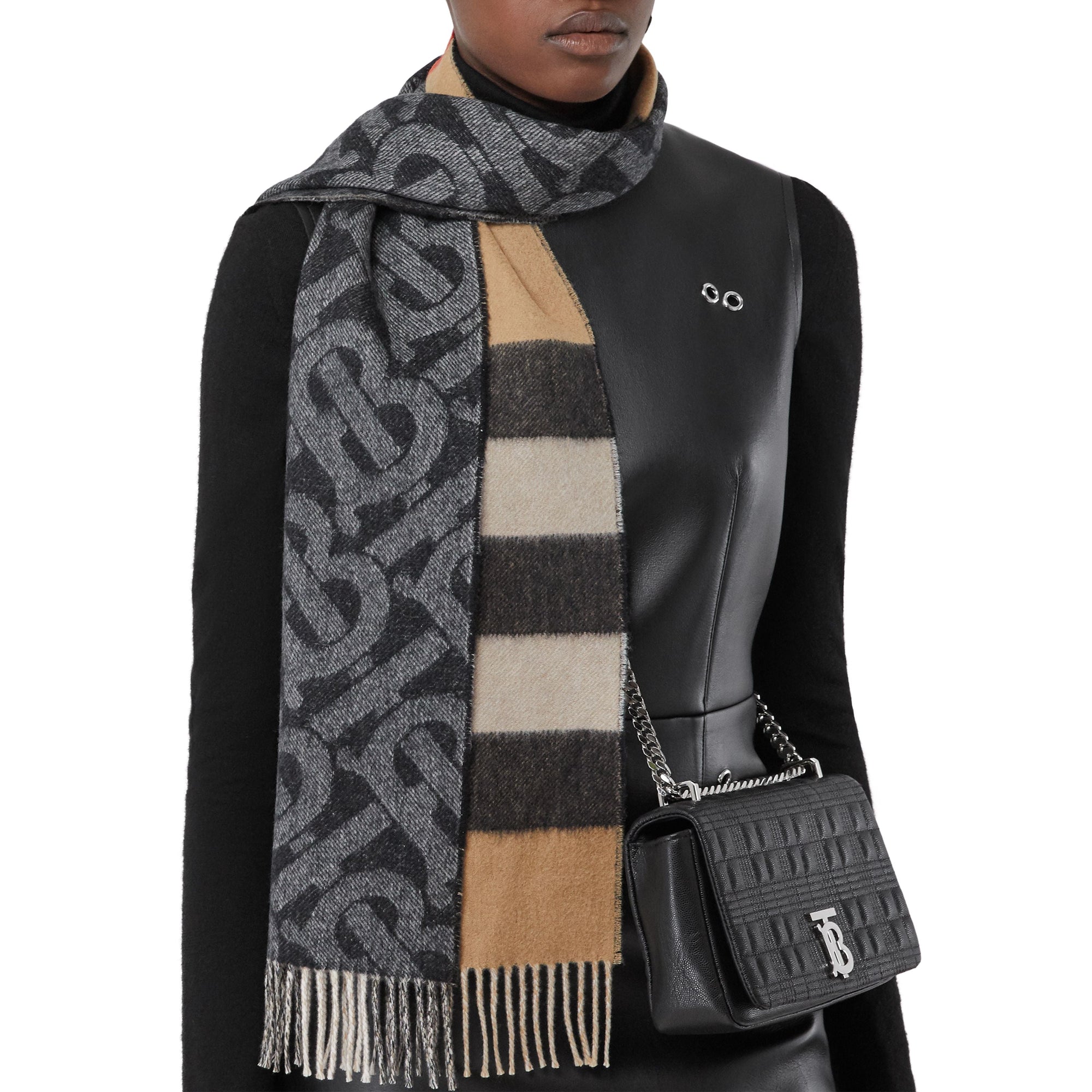 Écharpe réversible en cachemire check et monogram - Noir & blanc