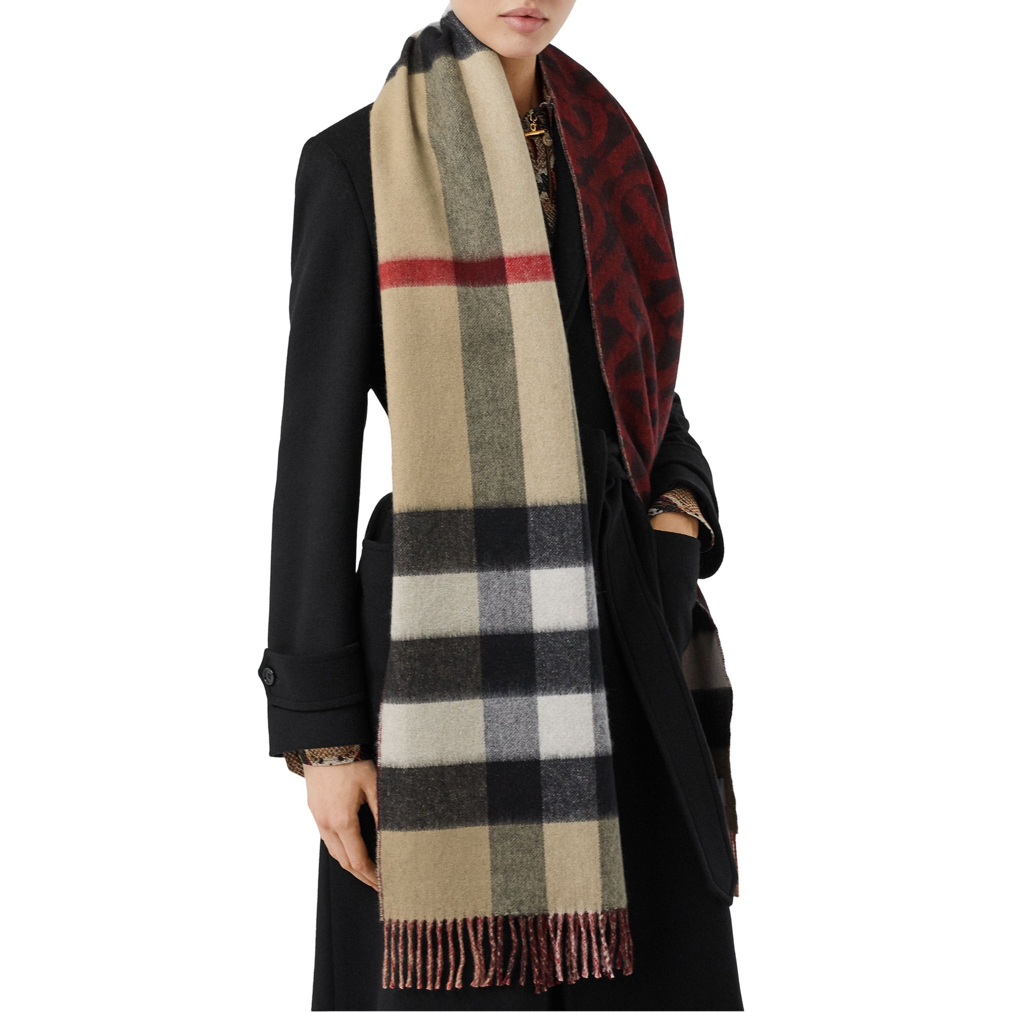 Écharpe réversible en cachemire check et monogram - Rouge vif