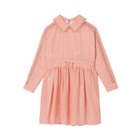 CORAL ORANGE Robe en coton et soie rayée avec col Claudine