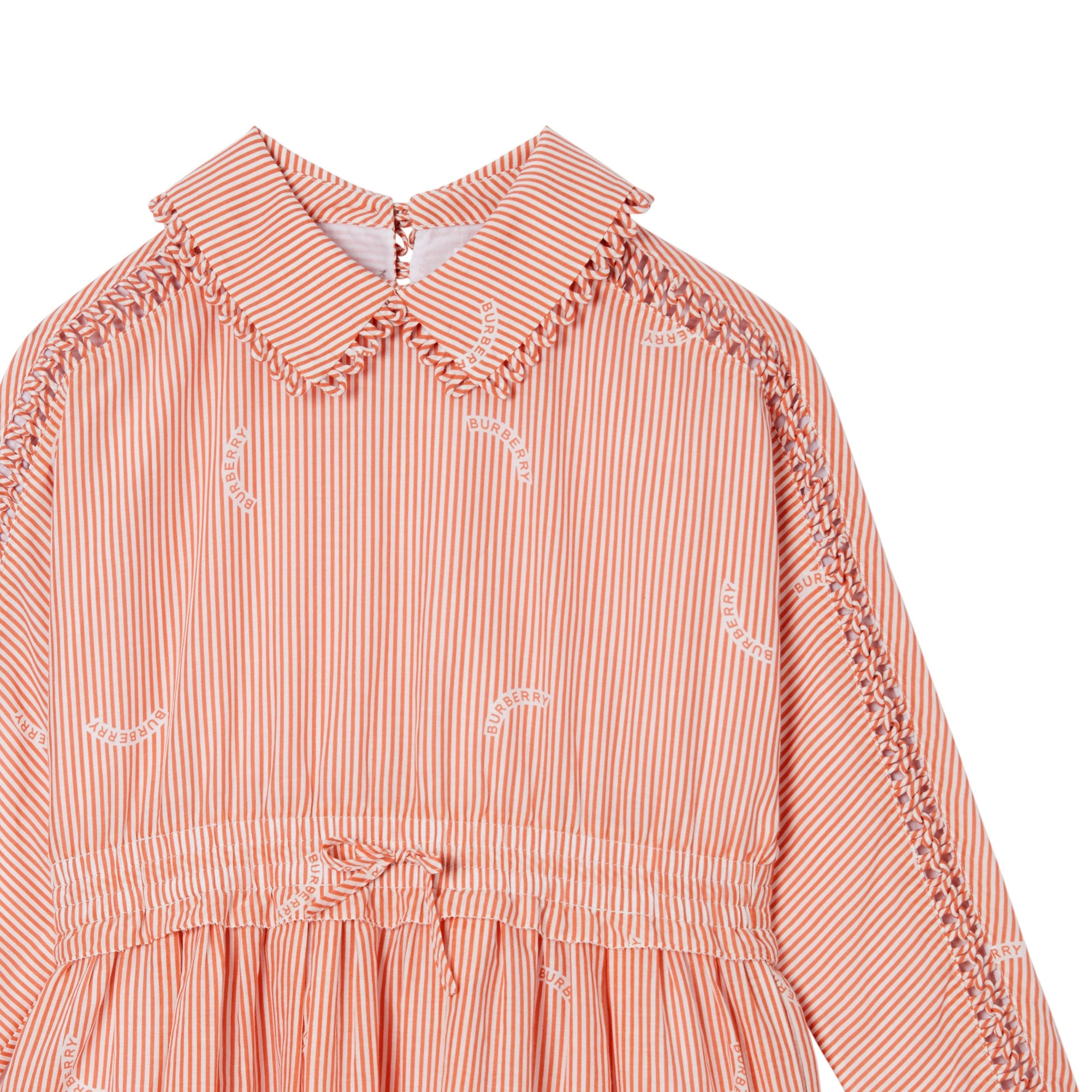 CORAL ORANGE Robe en coton et soie rayée avec col Claudine