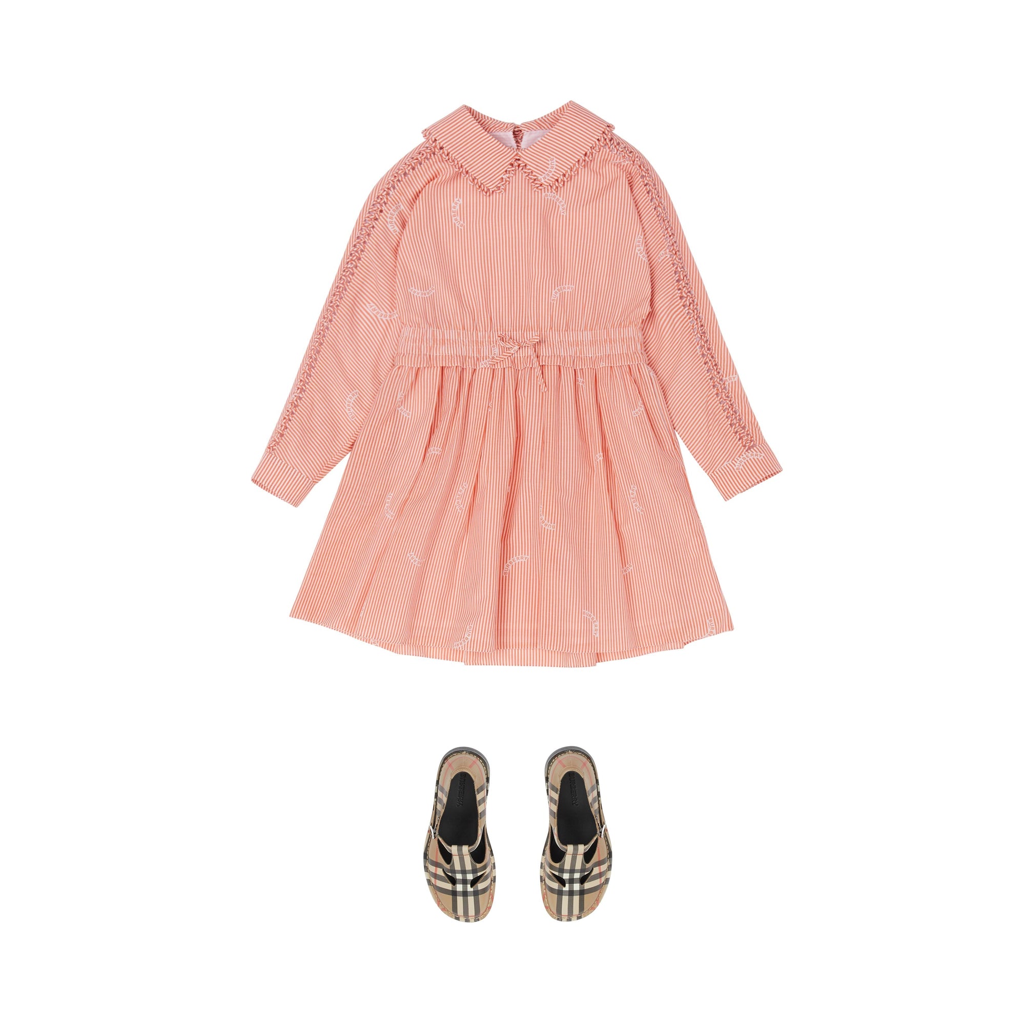 CORAL ORANGE Robe en coton et soie rayée avec col Claudine
