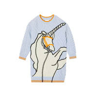 LIGHT BLUE Robe pull en laine et cachemire torsadées à motif licorne