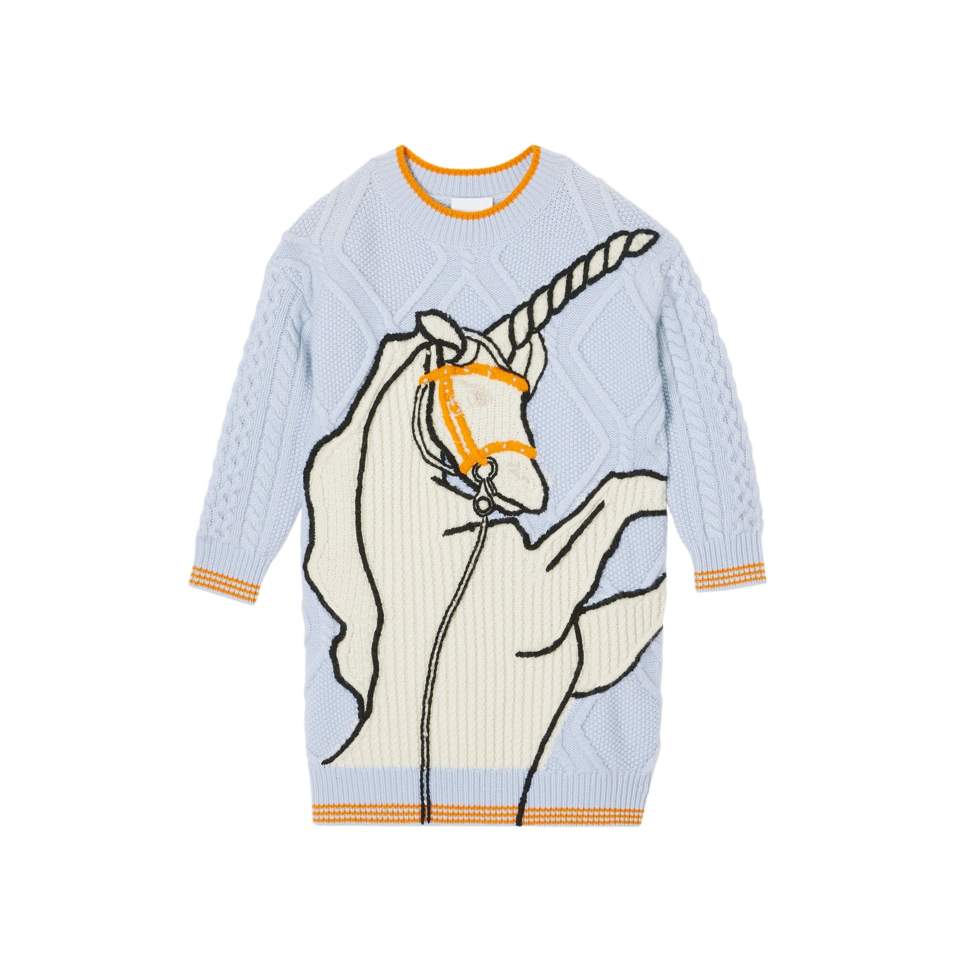 LIGHT BLUE Robe pull en laine et cachemire torsadées à motif licorne