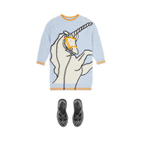 LIGHT BLUE Robe pull en laine et cachemire torsadées à motif licorne