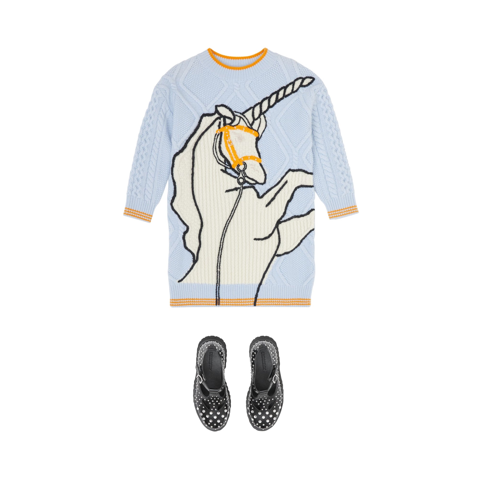 LIGHT BLUE Robe pull en laine et cachemire torsadées à motif licorne