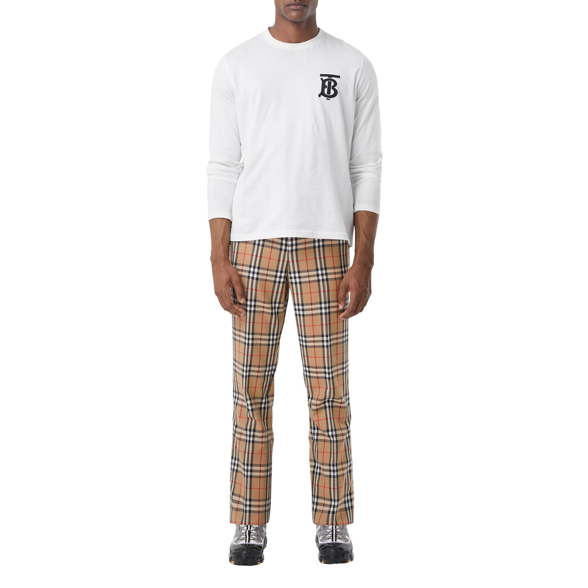 Pantalon de costume en laine et mohair vintage check - Beige d'archive